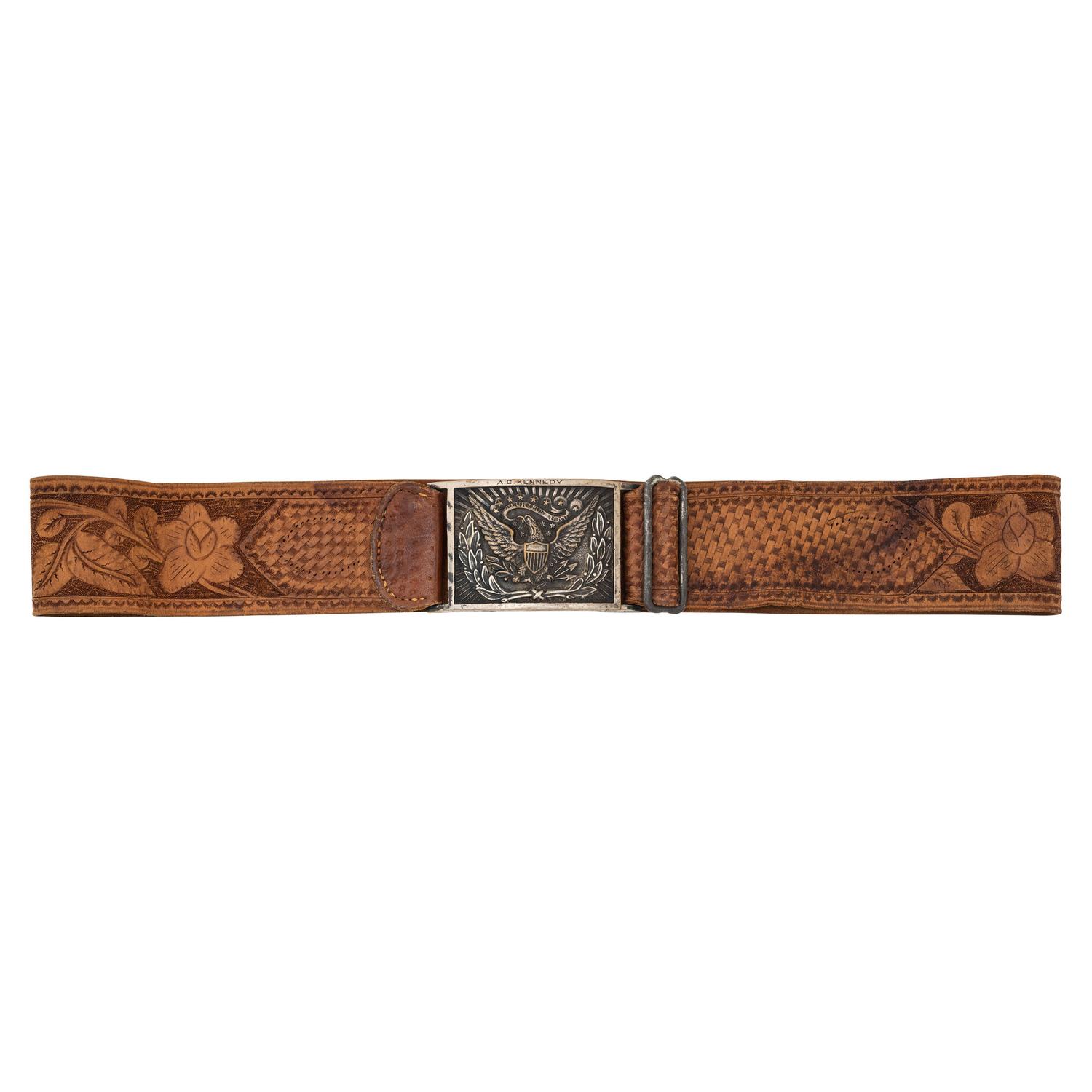 Silvered US Model 1851 Sword Belt Plate Engraved to A.C. Kennedy with Tooled Leather Belt