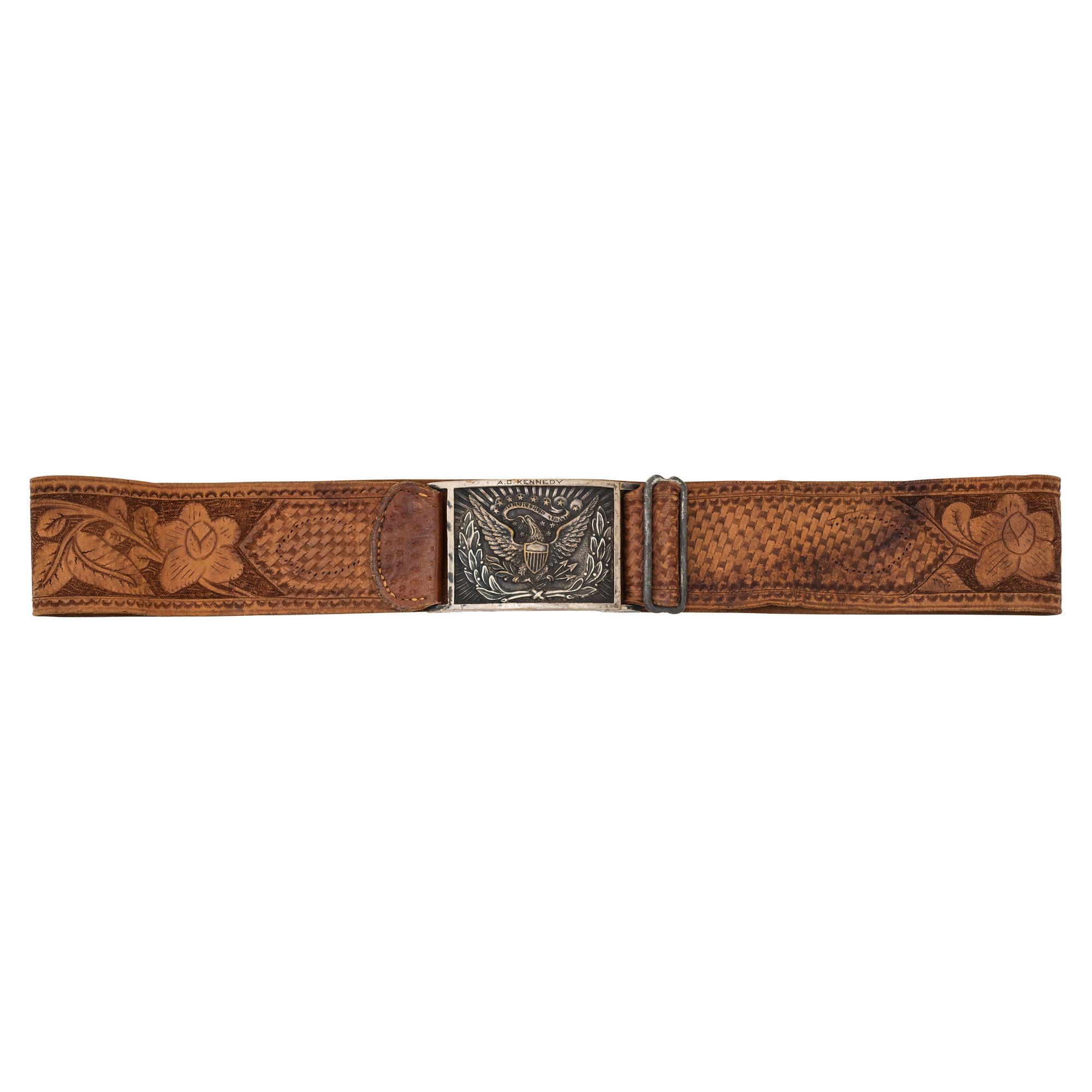 Silvered US Model 1851 Sword Belt Plate Engraved to A.C. Kennedy with Tooled Leather Belt