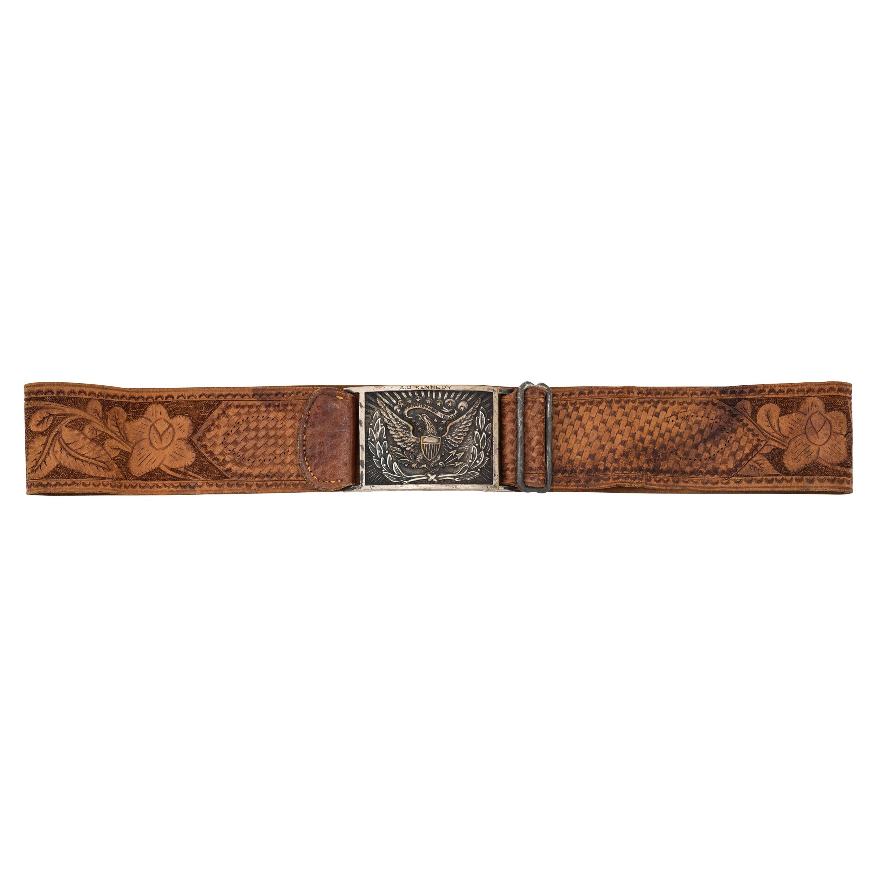 Silvered US Model 1851 Sword Belt Plate Engraved to A.C. Kennedy with Tooled Leather Belt