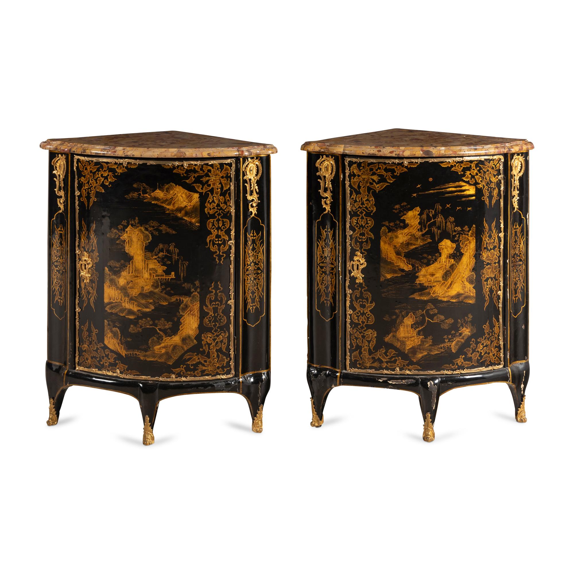 A Pair of Louis XV Chinese and European Lacquer and Gilt Bronze Mounted Encoignures