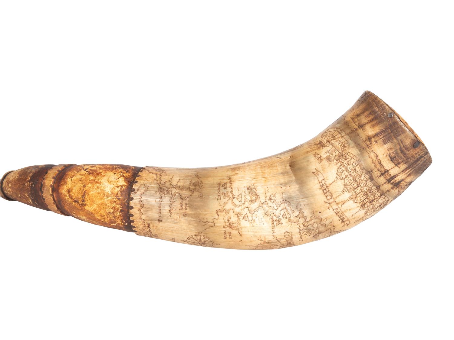 [FRENCH AND INDIAN WAR]. Powder horn featuring fine scrimshaw map of New York, identified to John Hosmer, likely made at Crown Point, 1759.