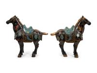 A Pair of Chinese Painted Wood and Cloisonné Models of Horses
