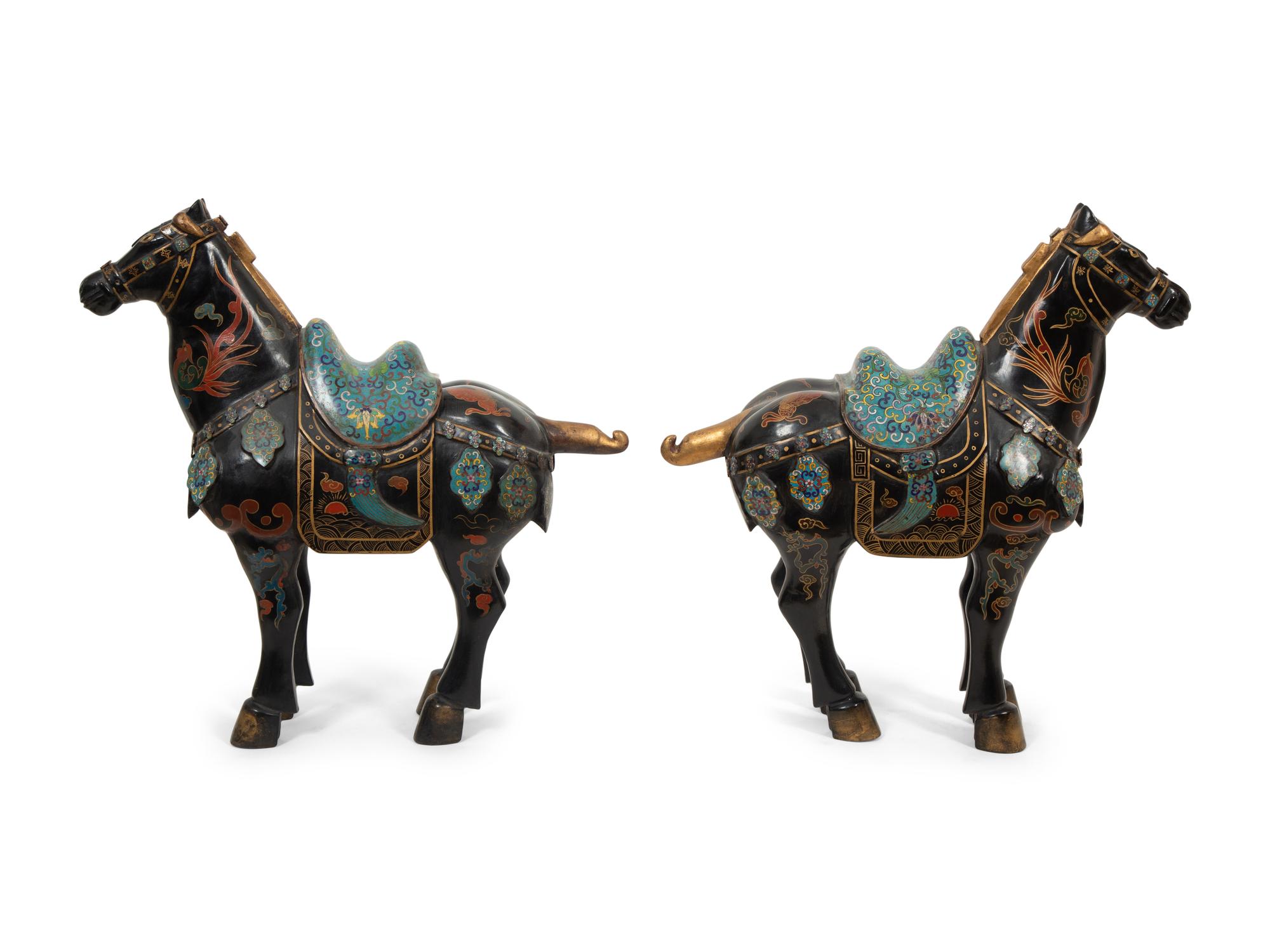 A Pair of Chinese Painted Wood and Cloisonné Models of Horses