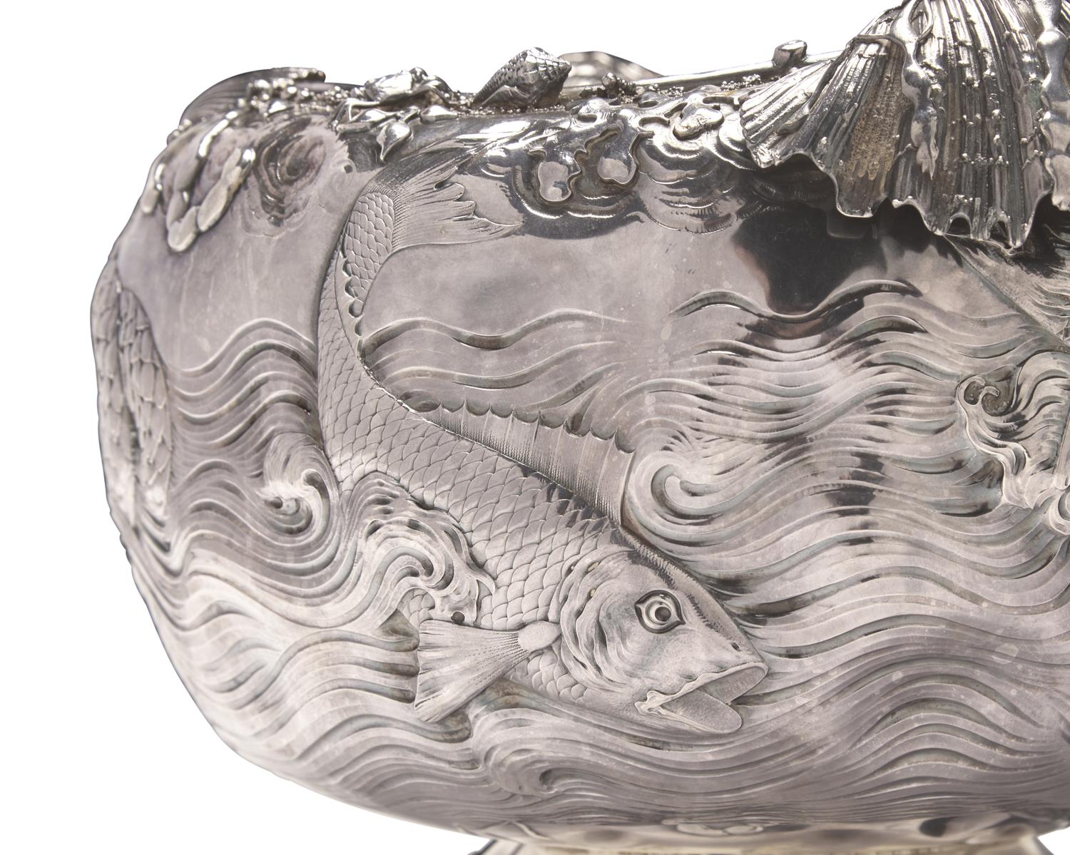 A Rare and Monumental Sterling Silver Japonesque Punch Bowl