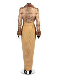 Sarli Evening ensemble, with fur trimmed crop jacket, pants, and yellow dress.
