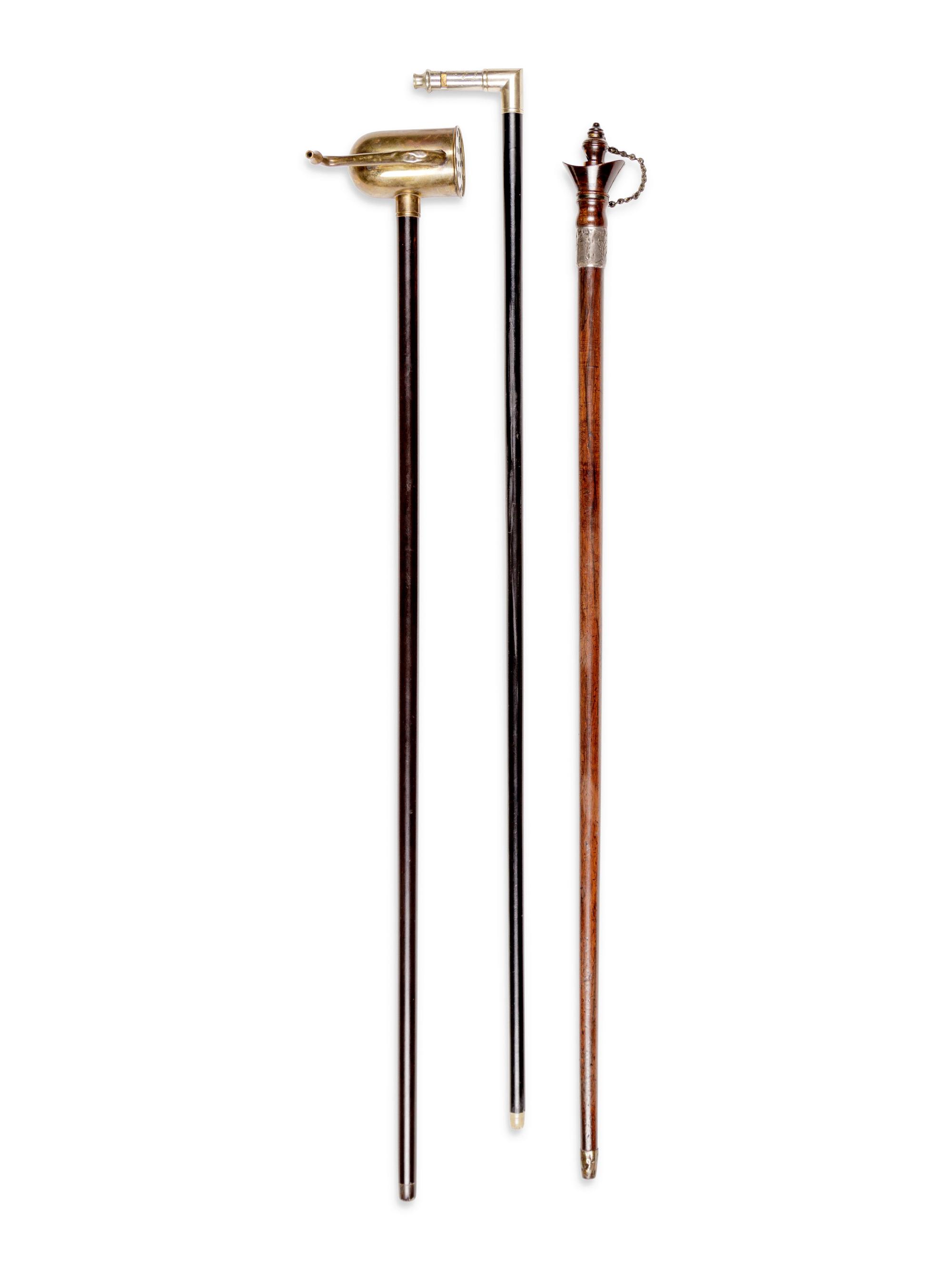 Two English Metal Mounted Whistle System Walking Sticks