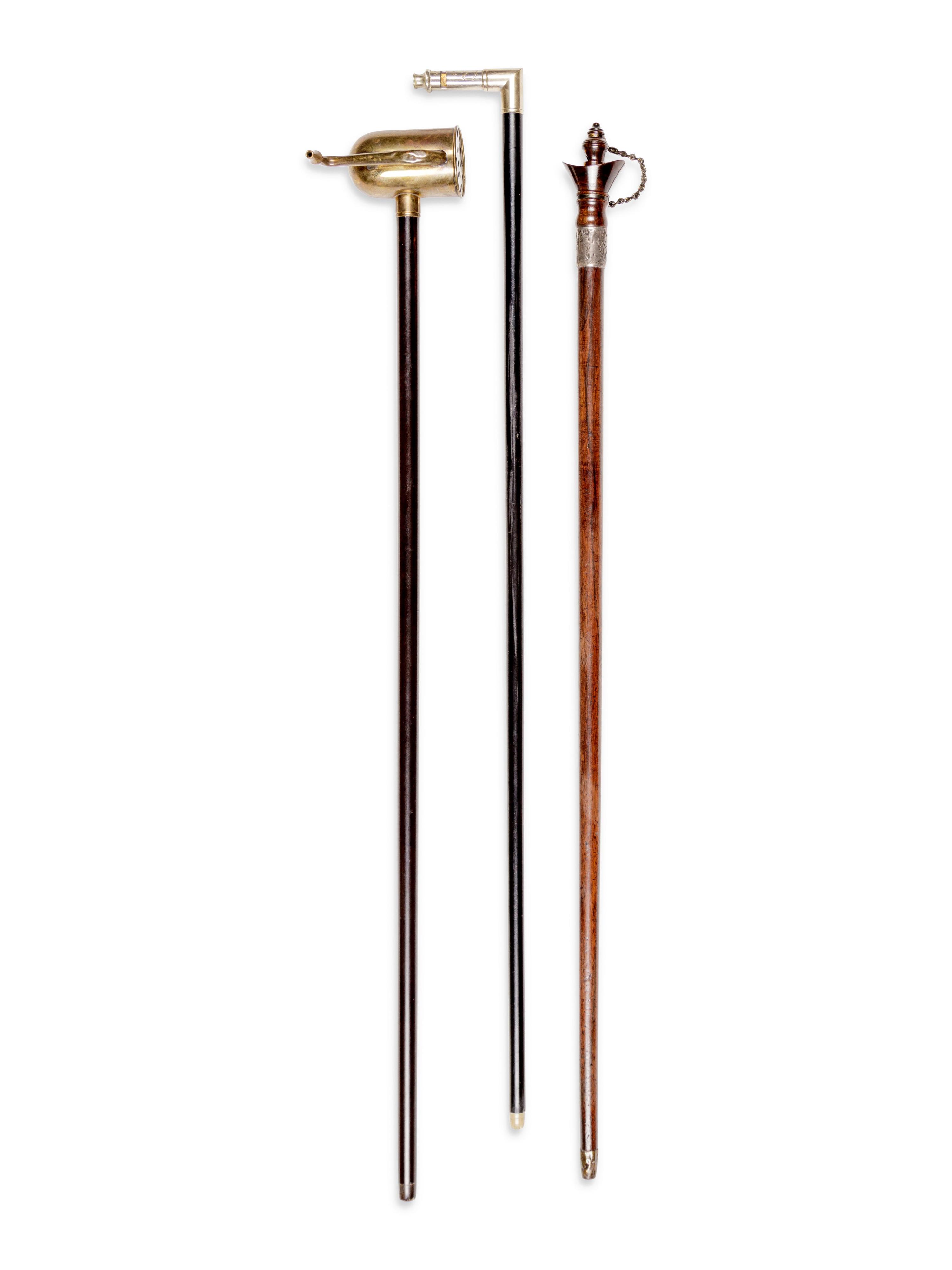 Two English Metal Mounted Whistle System Walking Sticks