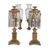 A Pair of Classical Frosted and Etched Glass Mounted Brass Oil Lamps