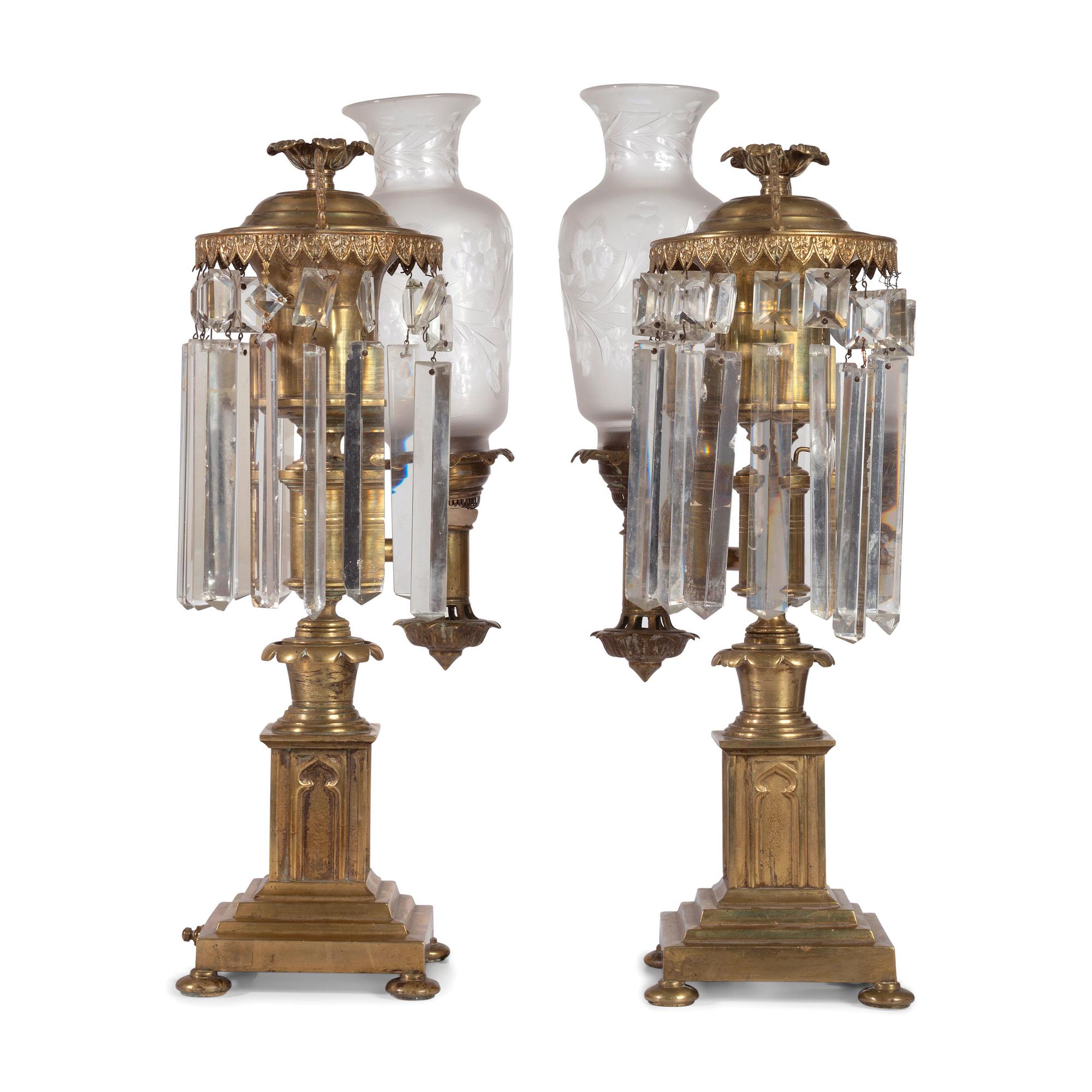 A Pair of Classical Frosted and Etched Glass Mounted Brass Oil Lamps