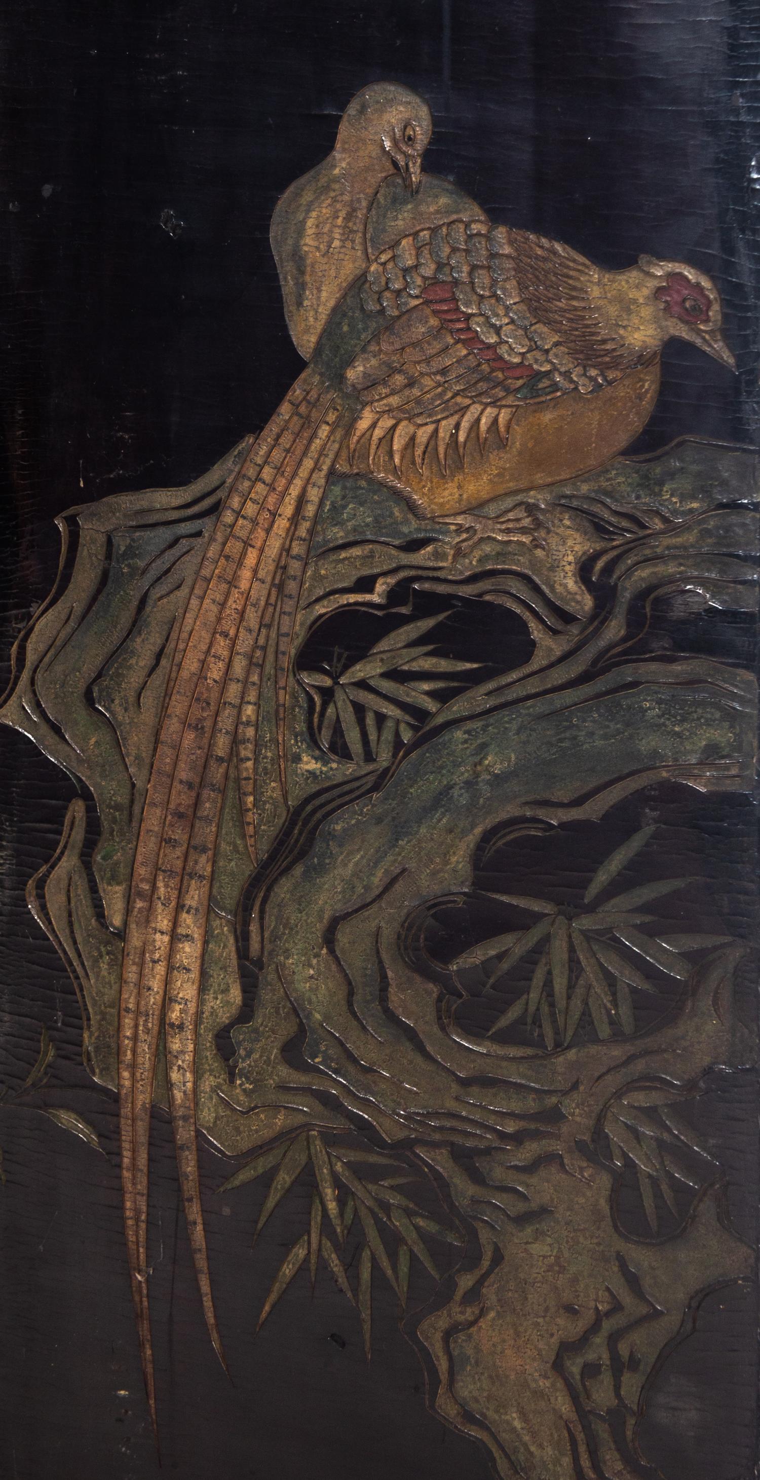 A Chinese Export Black Lacquered Four-Panel Floor Screen