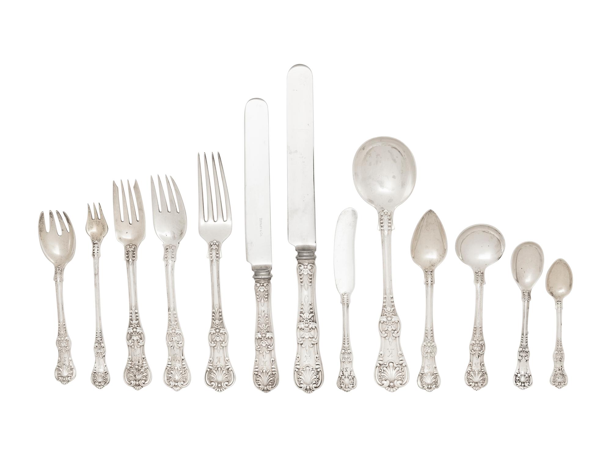 A Tiffany and Co. English King Silver Flatware Service in a Fitted Mahogany Chest