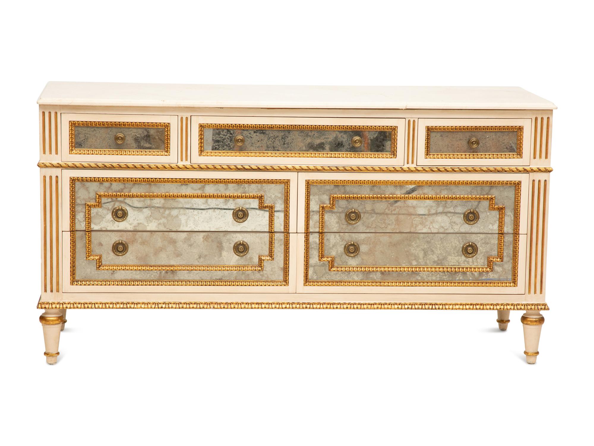 A Louis XVI-Style Painted and Mirrored Marble-Top Dresser