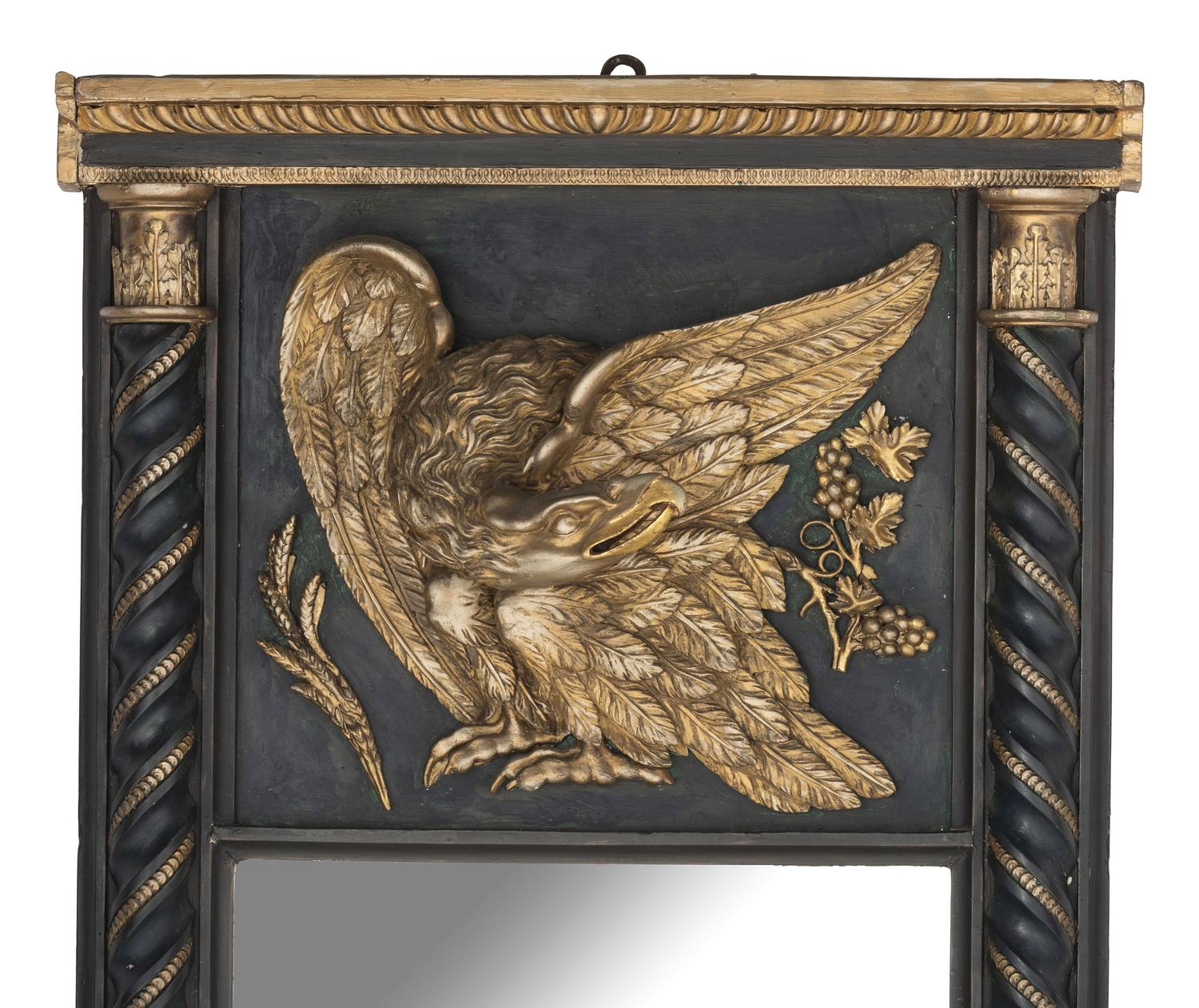 A Federal Eagle Decorated Green Painted Parcel Gilt Pine and Mahogany Pier Mirror