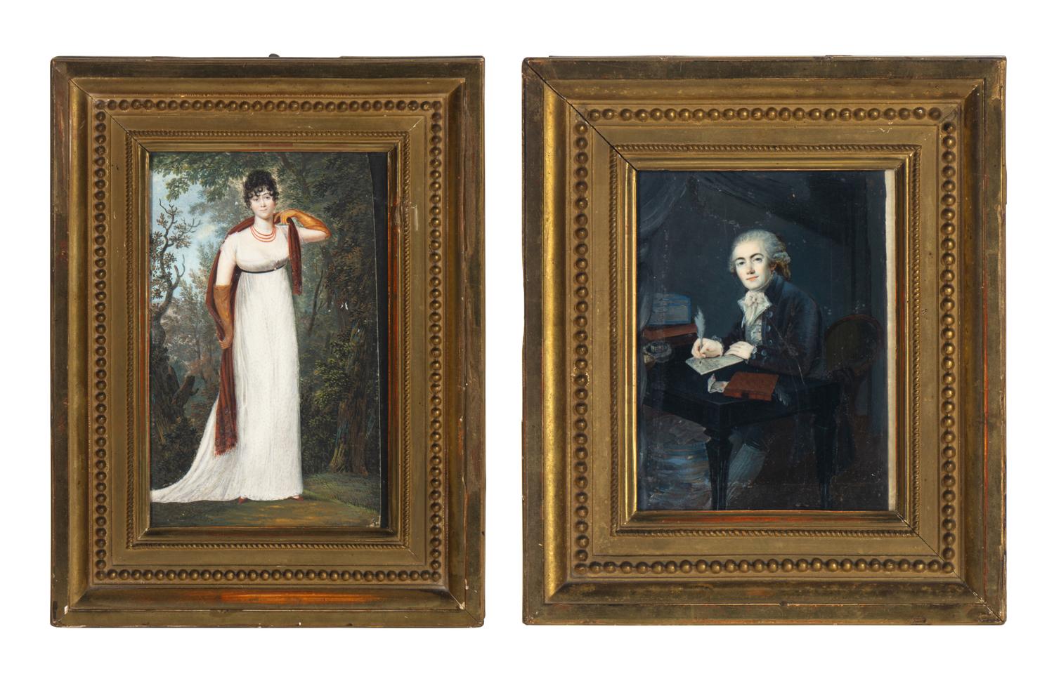 Two Reverse-Painted Glass Portraits of Madame and Monsieur Enfantin