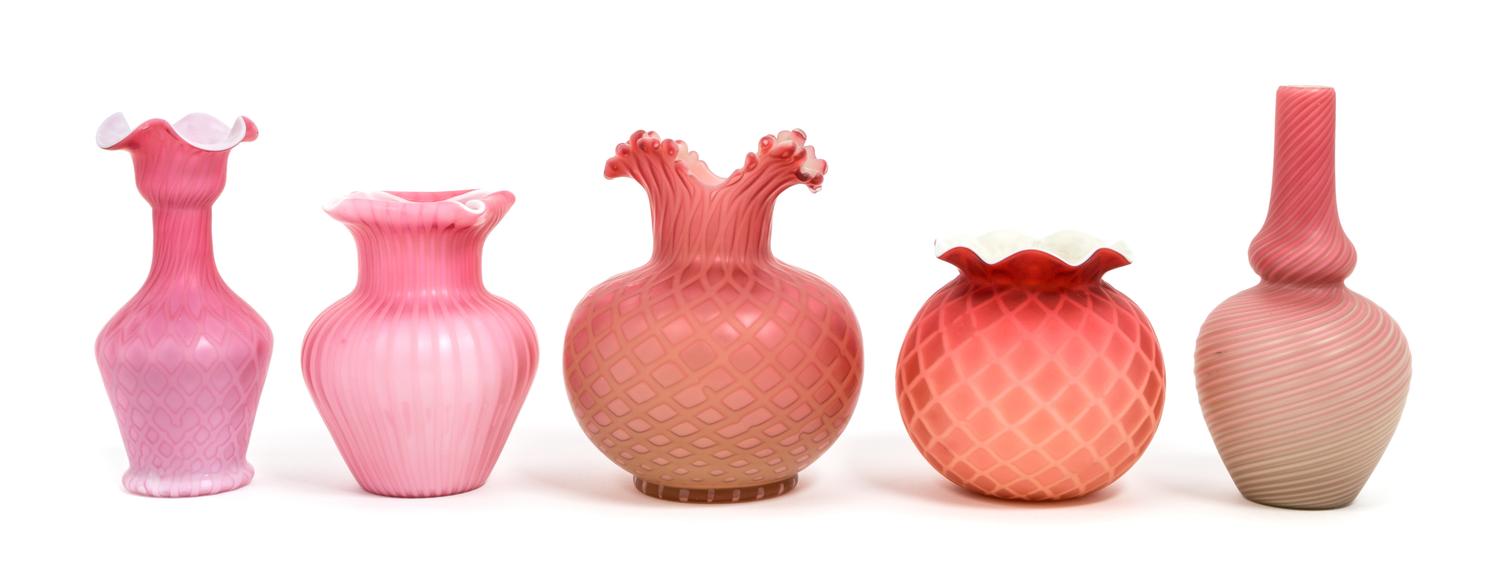 Five Victorian Mother-of-Pearl Satin Glass Vases Height of tallest 7 1/4 inches — 19TH CENTURY