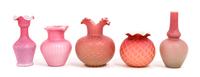 Five Victorian Mother-of-Pearl Satin Glass Vases Height of tallest 7 1/4 inches — 19TH CENTURY