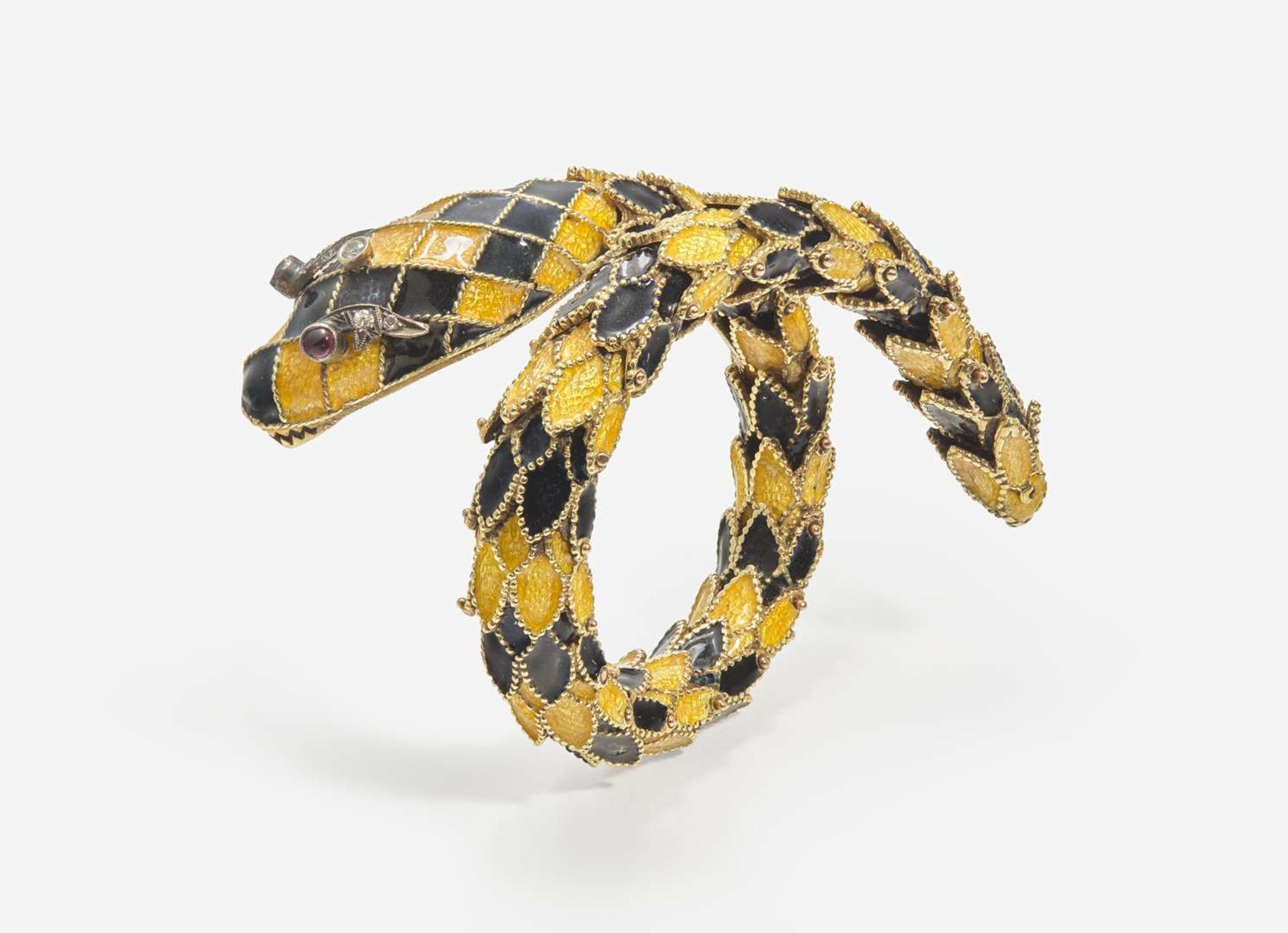 A Yellow Gold, Enamel, and Gemstone Snake Bracelet