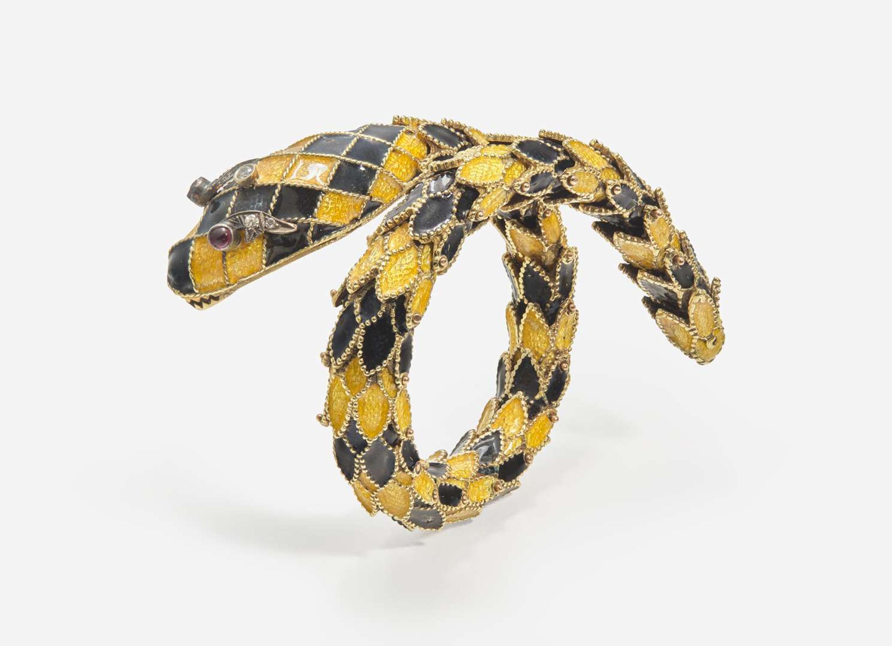 A Yellow Gold, Enamel, and Gemstone Snake Bracelet