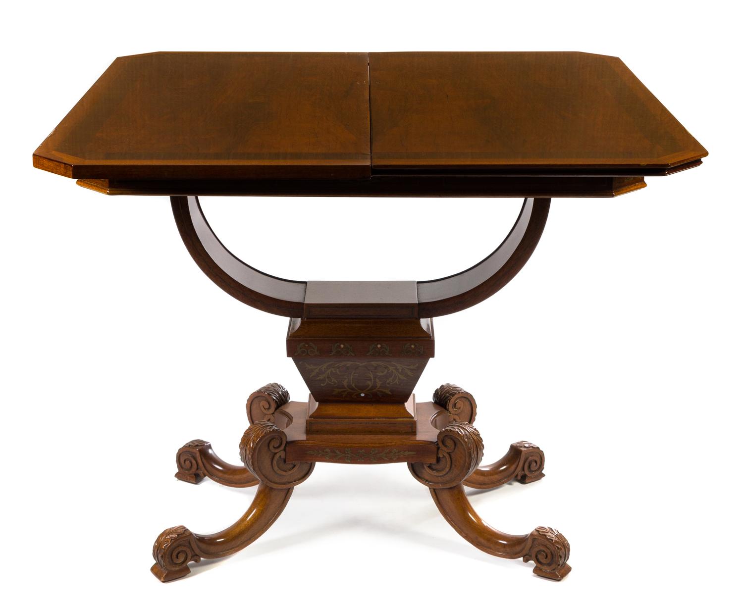 A Pair of Neoclassical Brass Inlaid Rosewood and Mahogany Game Tables Height 30 1/2 x width 35 x depth 18 inches. — LATE 19TH/EARLY 20TH CENTURY