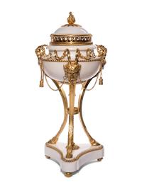 A Pair of Late Louis XVI Gilt Bronze Mounted White Marble Cassolettes