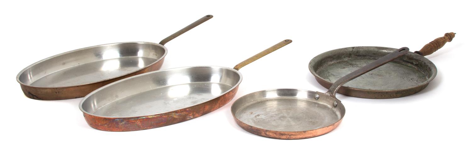 Four Copper Skillets Length of largest 23 1/2 inches. — 19TH/20TH CENTURY