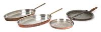 Four Copper Skillets Length of largest 23 1/2 inches. — 19TH/20TH CENTURY