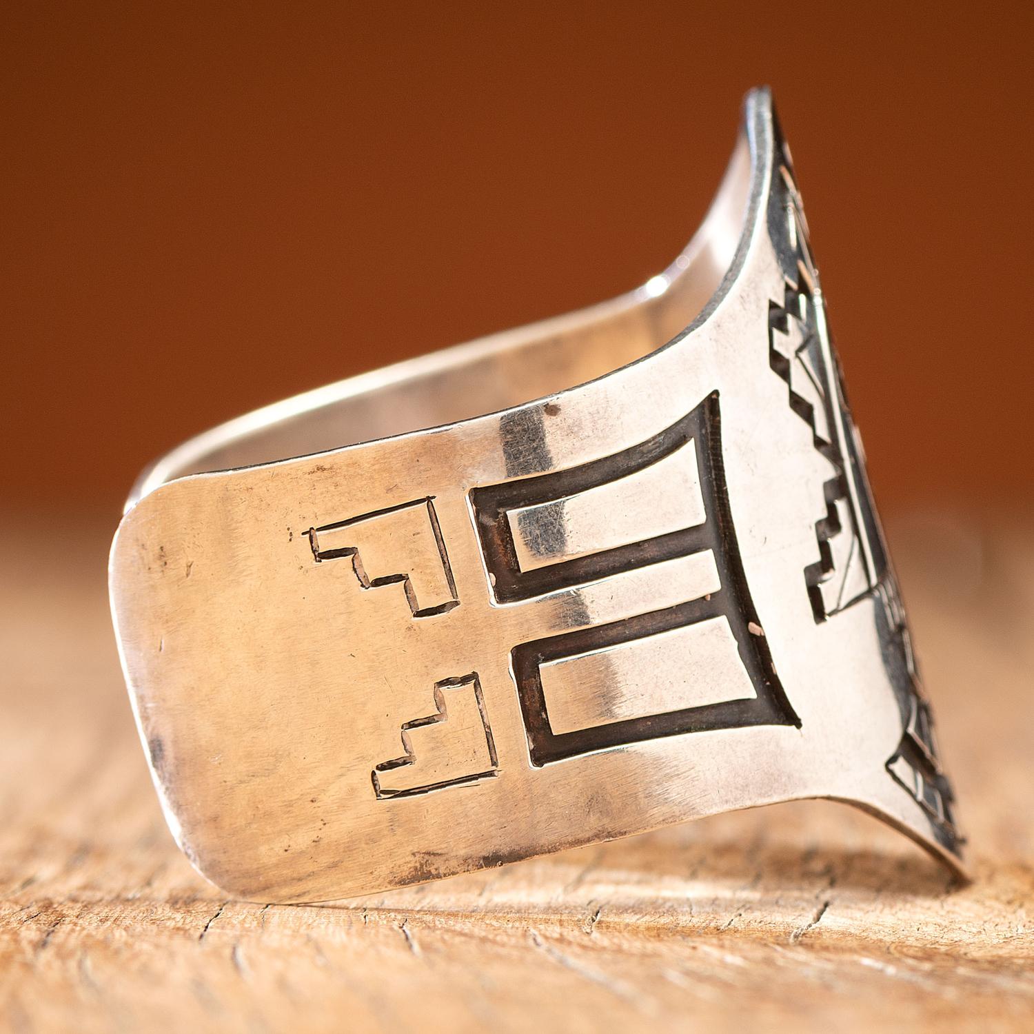 Herbert Komayouse (Hopi, act. since 1940s) Pahlik Mana Silver Overlay Cuff Bracelet