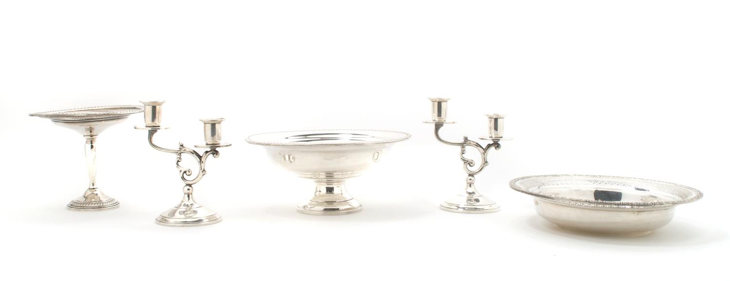 A Pair of American Sterling Silver Two-Light Candelabra, Redlich and Co., Width of widest 9 1/4 inches.