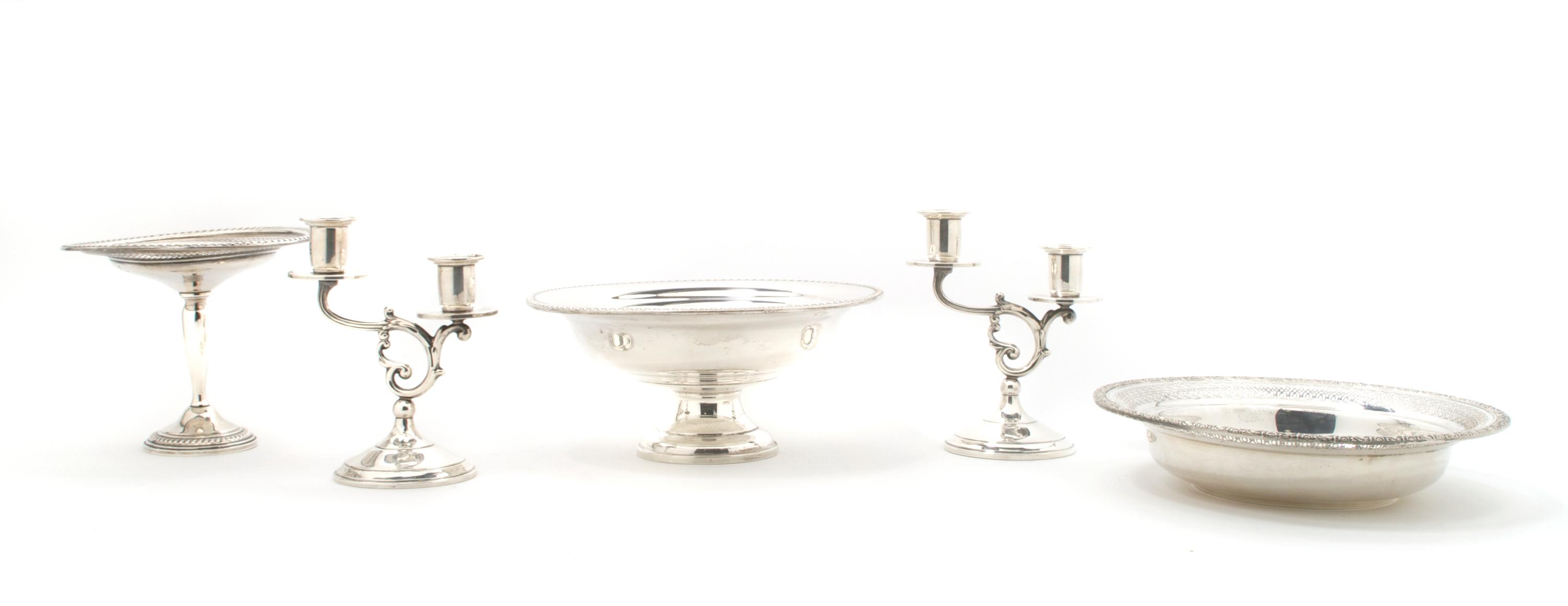 A Pair of American Sterling Silver Two-Light Candelabra, Redlich and Co., Width of widest 9 1/4 inches.