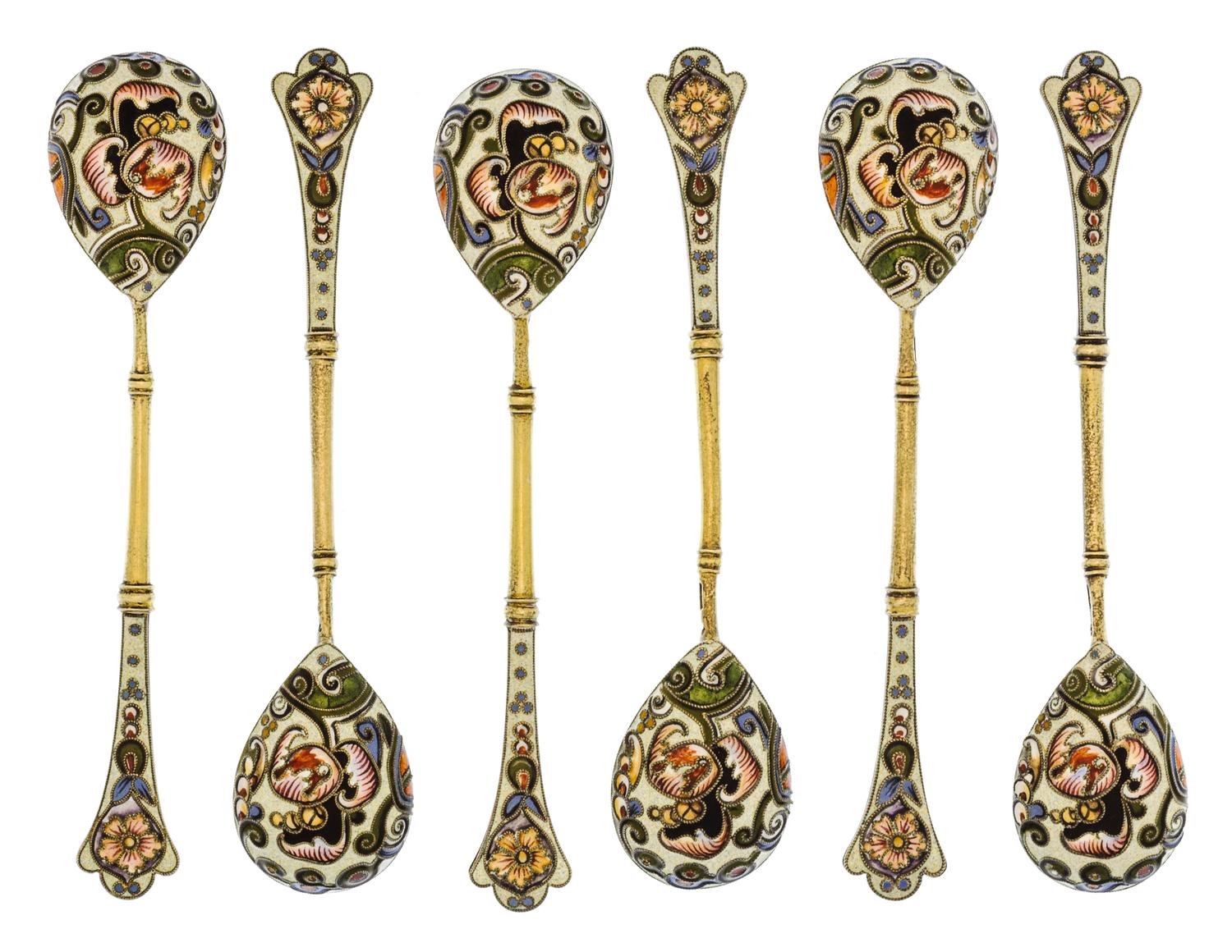 A Set of Six Russian Silver-Gilt and Enamel Demitasse Spoons, Mark of K. Faberge with Imperial warrant, overstriking mark of Feodor Ruc
