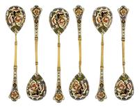 A Set of Six Russian Silver-Gilt and Enamel Demitasse Spoons, Mark of K. Faberge with Imperial warrant, overstriking mark of Feodor Ruc