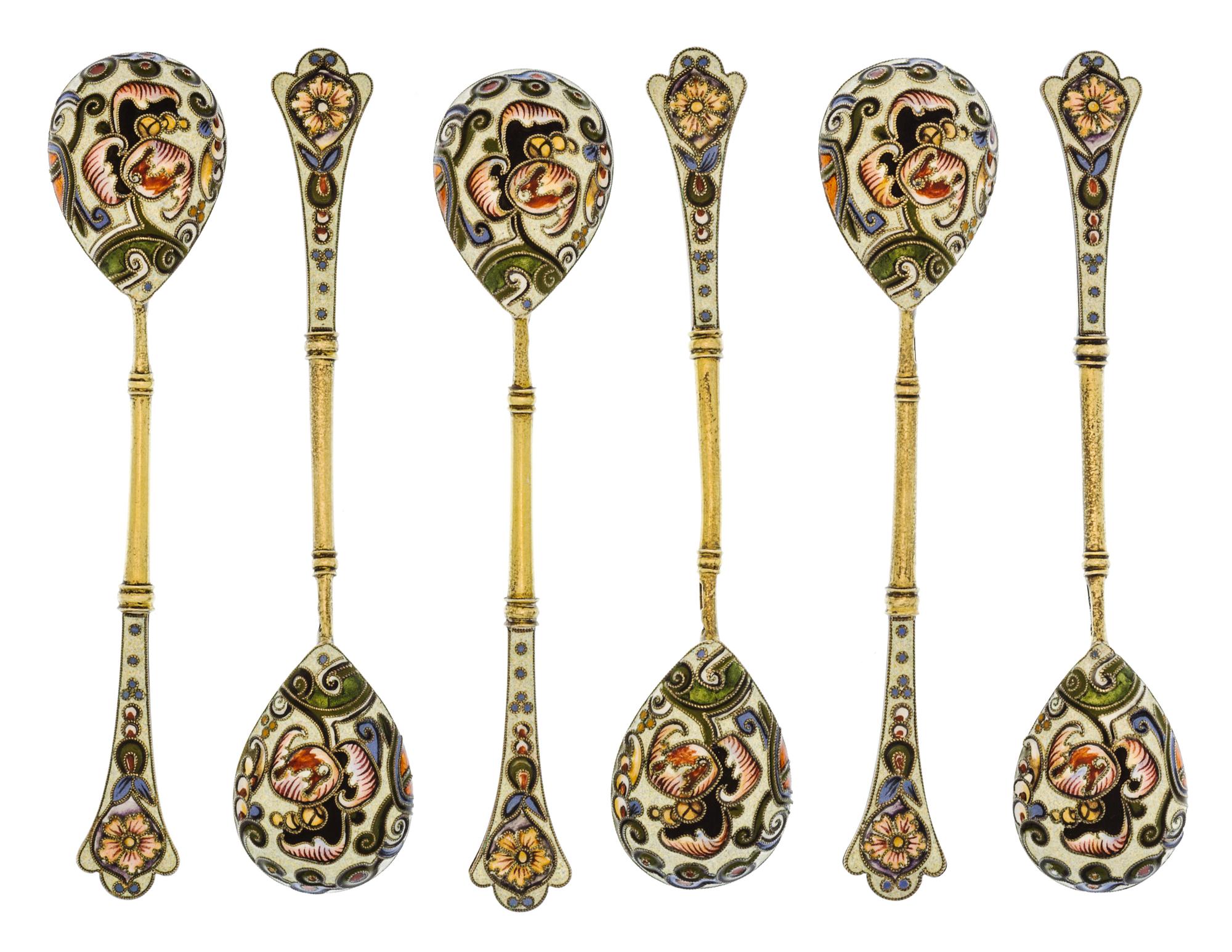 A Set of Six Russian Silver-Gilt and Enamel Demitasse Spoons, Mark of K. Faberge with Imperial warrant, overstriking mark of Feodor Ruc