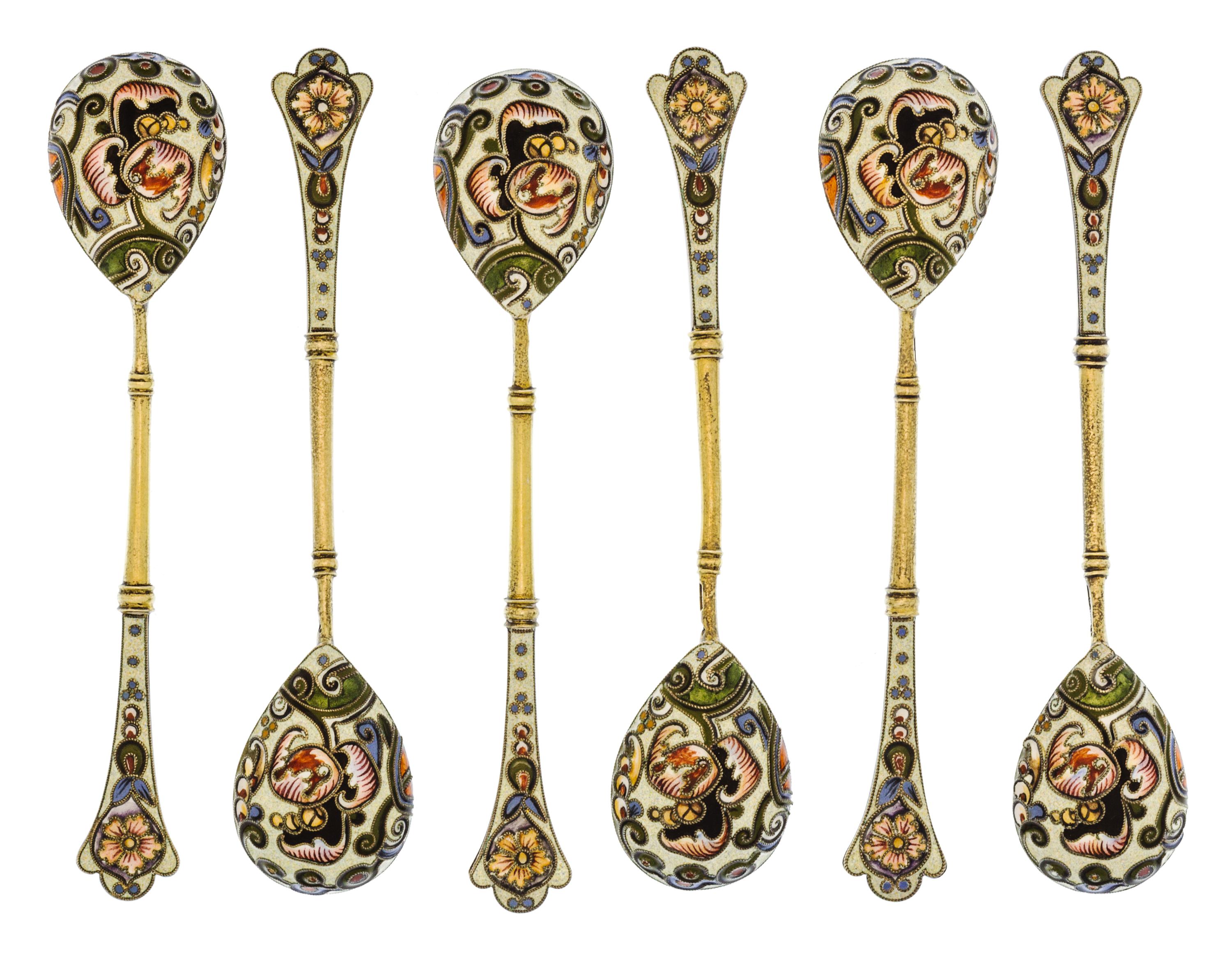 A Set of Six Russian Silver-Gilt and Enamel Demitasse Spoons, Mark of K. Faberge with Imperial warrant, overstriking mark of Feodor Ruc