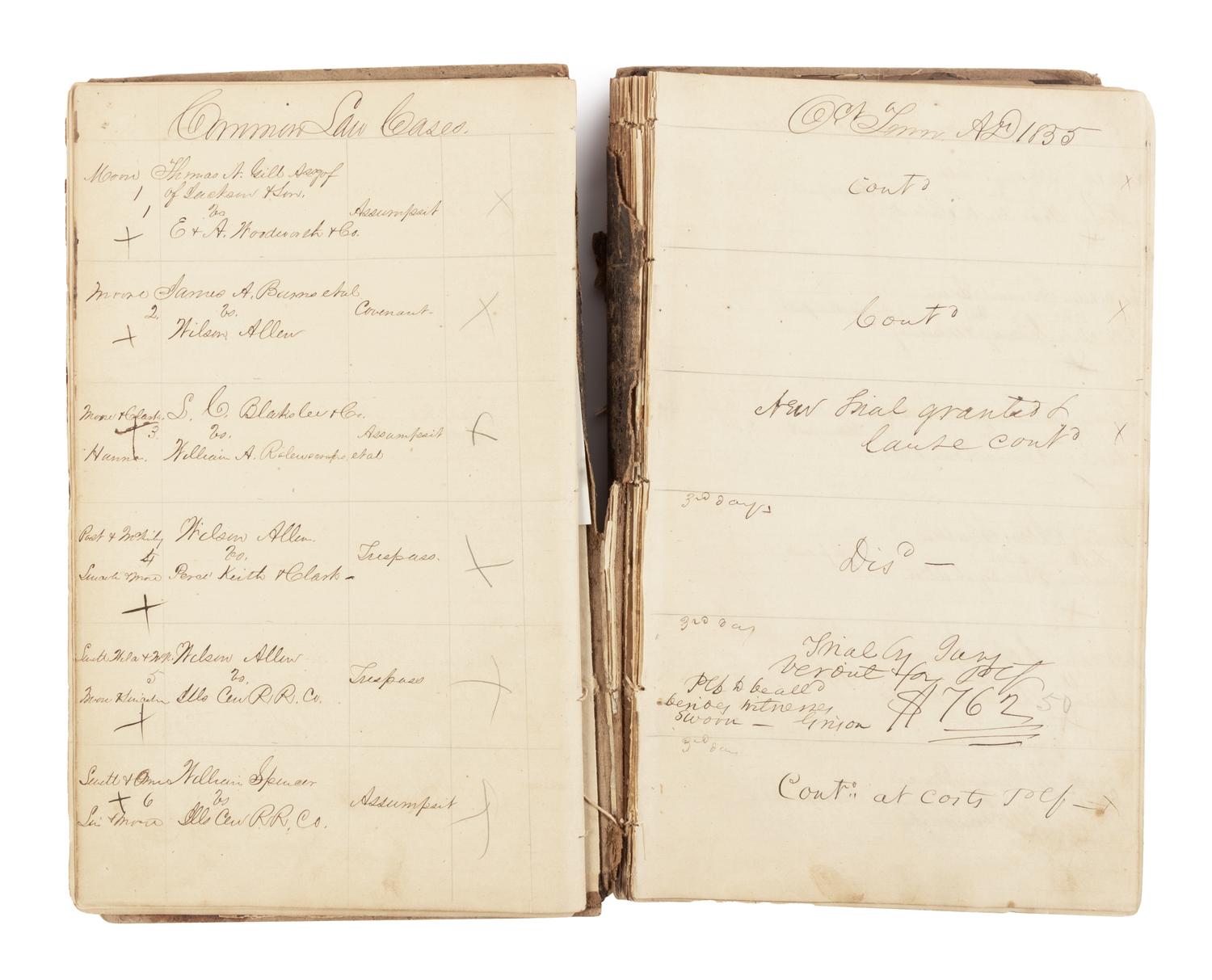 [LINCOLN, Abraham (1809-1865)]. A DeWitt County court judge's and clerk's manuscript docket book. DeWitt County, Illinois, ca. Spring 1855-Spring 1860.