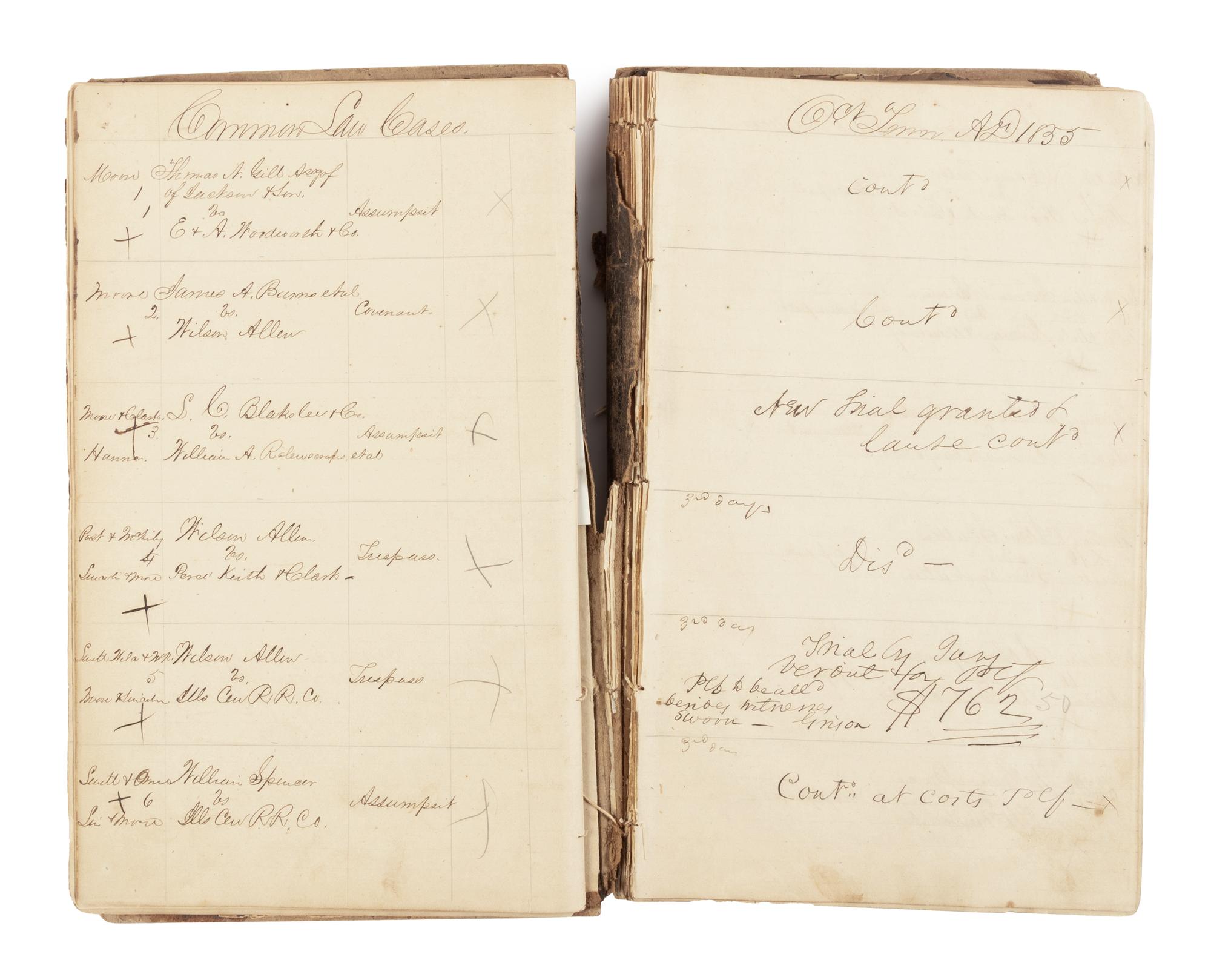 [LINCOLN, Abraham (1809-1865)]. A DeWitt County court judge's and clerk's manuscript docket book. DeWitt County, Illinois, ca. Spring 1855-Spring 1860.