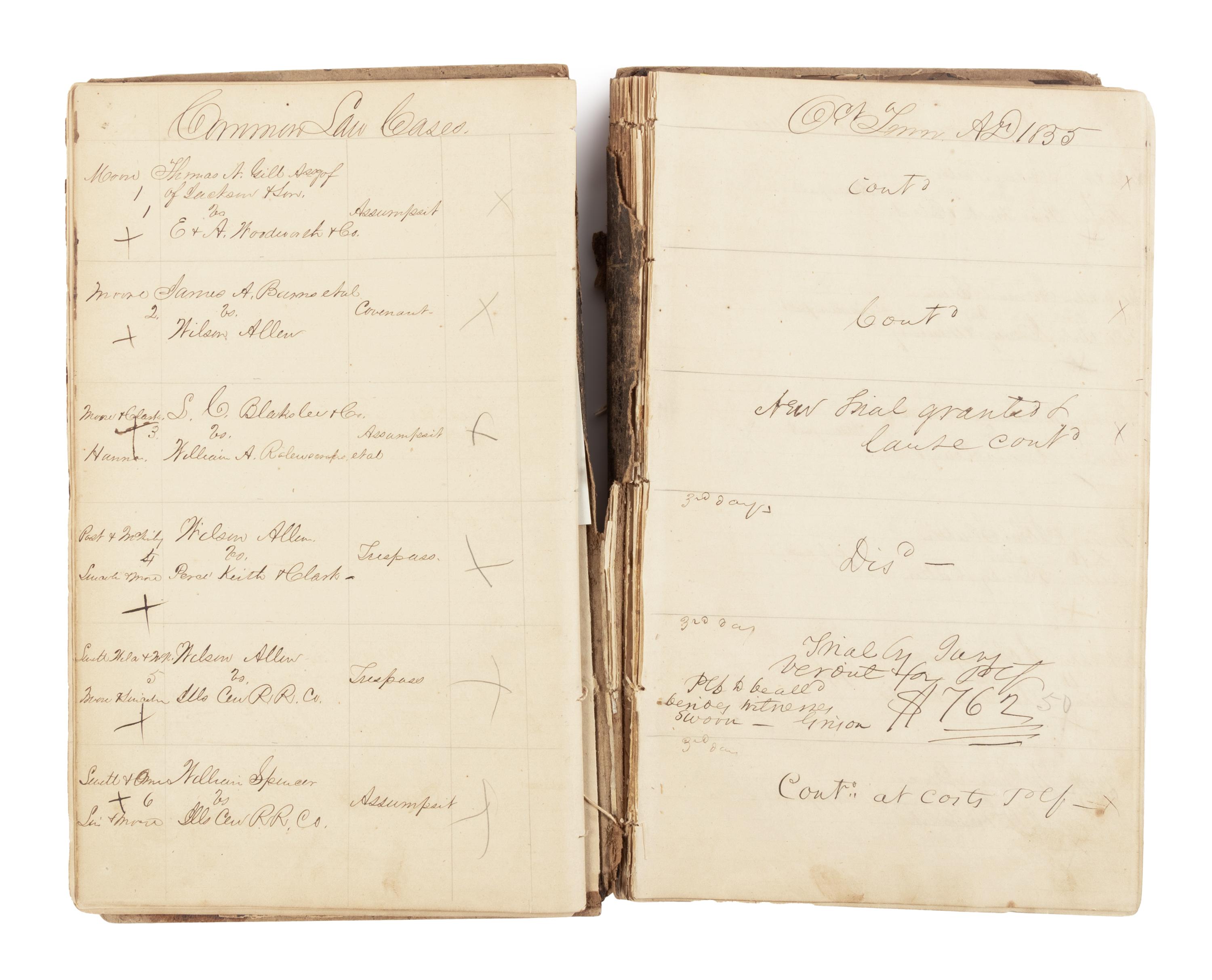 [LINCOLN, Abraham (1809-1865)]. A DeWitt County court judge's and clerk's manuscript docket book. DeWitt County, Illinois, ca. Spring 1855-Spring 1860.