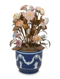 A Wedgwood Jasperware Cache Pot with a Tole and Porcelain Flower Arrangement