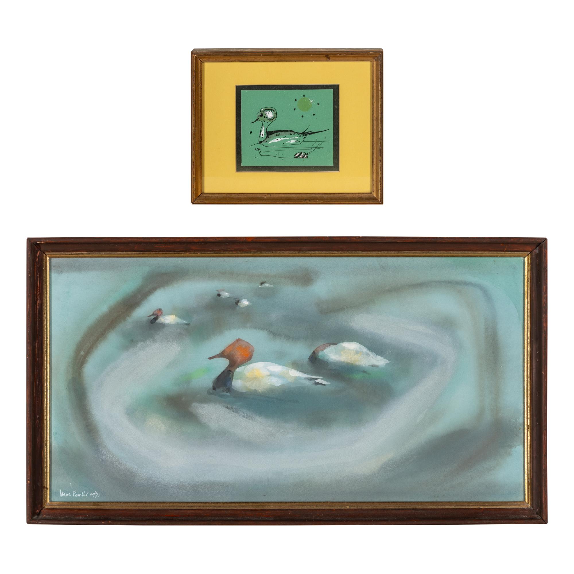 Karl Priebe (American, 1914-1976) — Untitled (Hooded Duck), 1954 and Untitled (Ducks), 1971 (a pair of works)