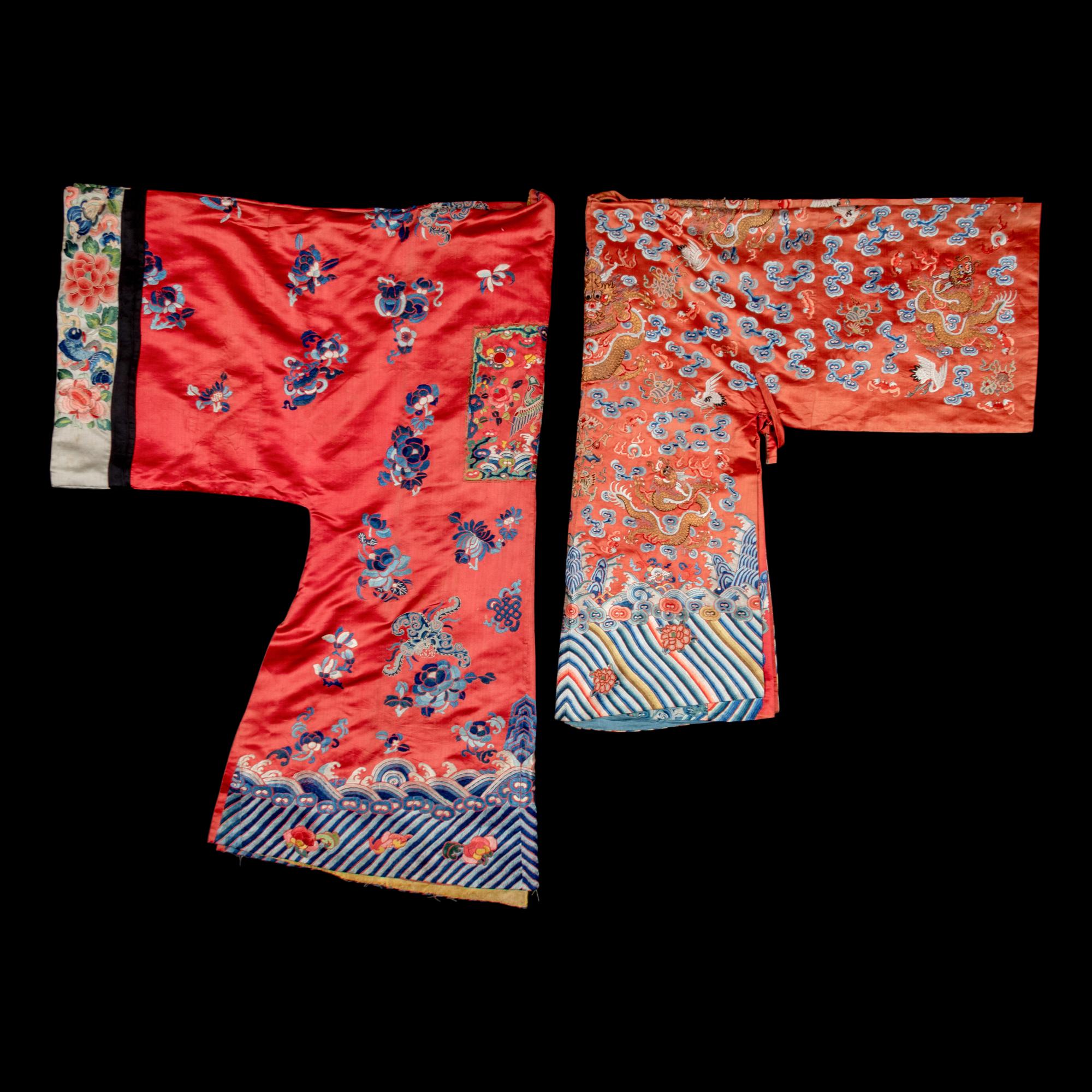 Two Chinese Red Ground Embroidered Silk Robes, 19th Century 清晚期 紅緞地袍褂兩件