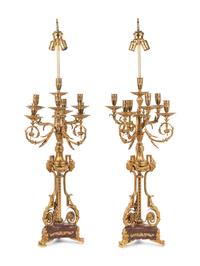 A Pair of Louis XVI Style Gilt Metal and Marble Seven-Light Candelabra Mounted as Lamps