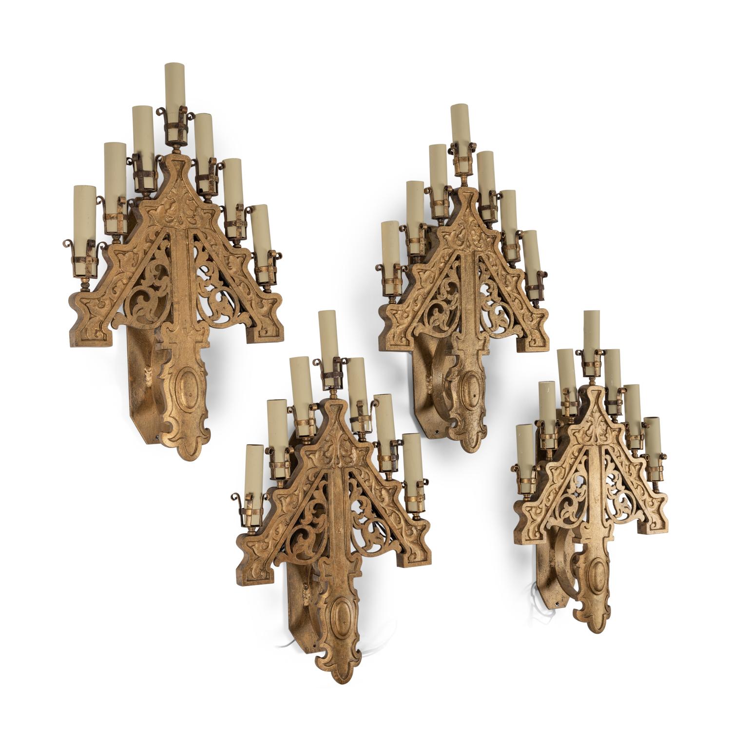 A Set of Four Gilt Metal Seven-Light Sconces