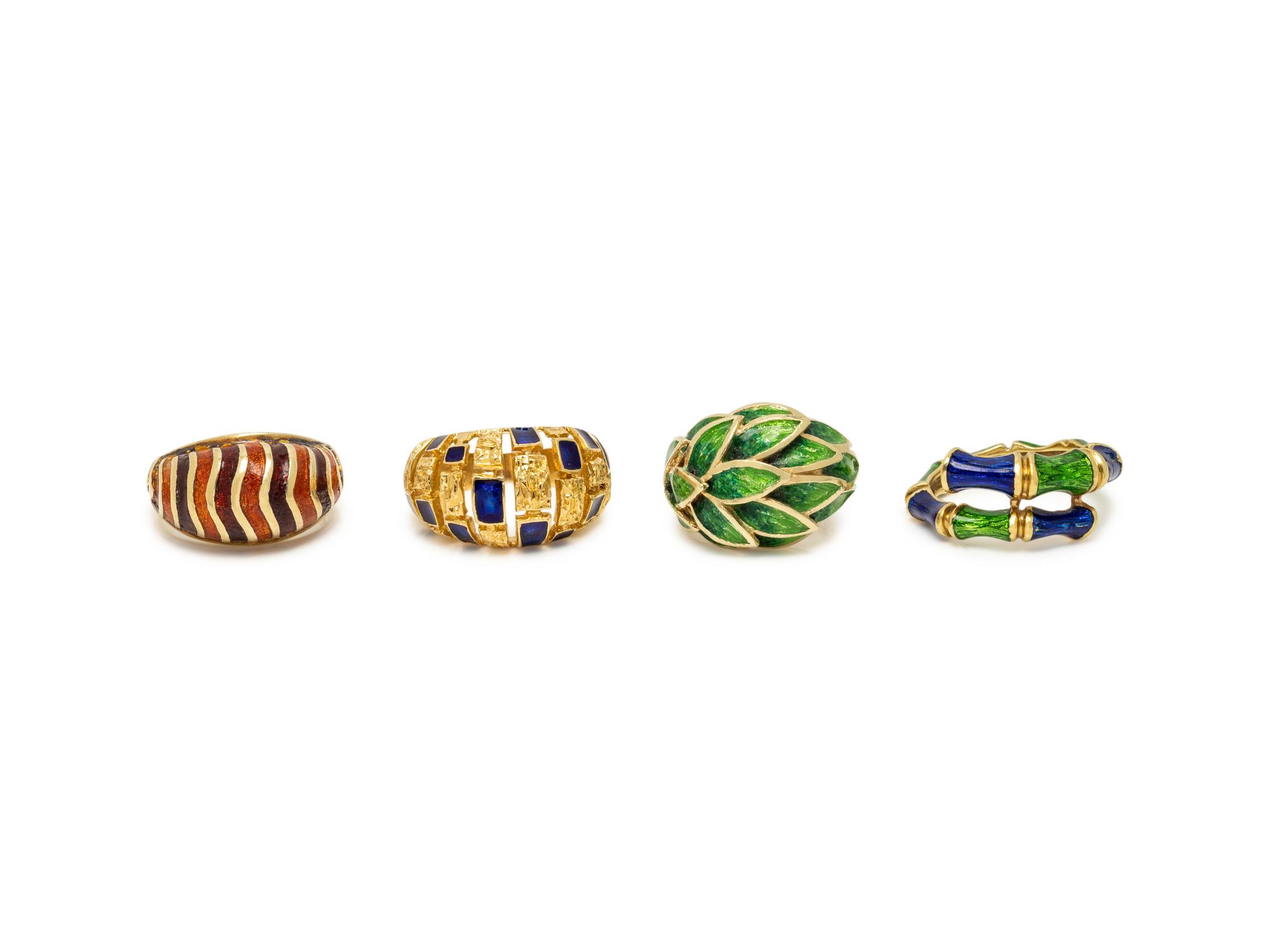 COLLECTION OF YELLOW GOLD AND ENAMEL RINGS