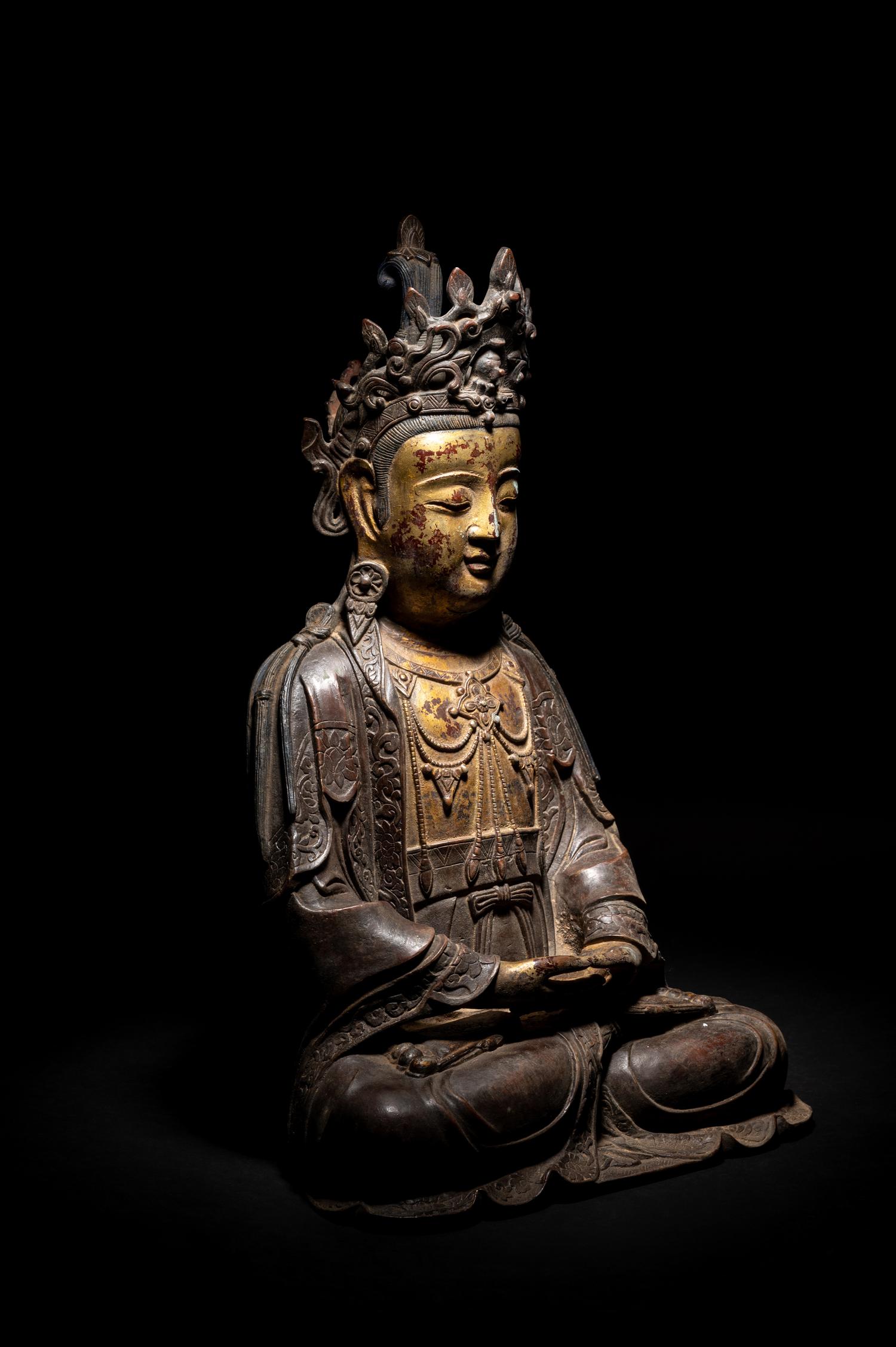 A Chinese Partial Gilt Bronze Figure of Guanyin
