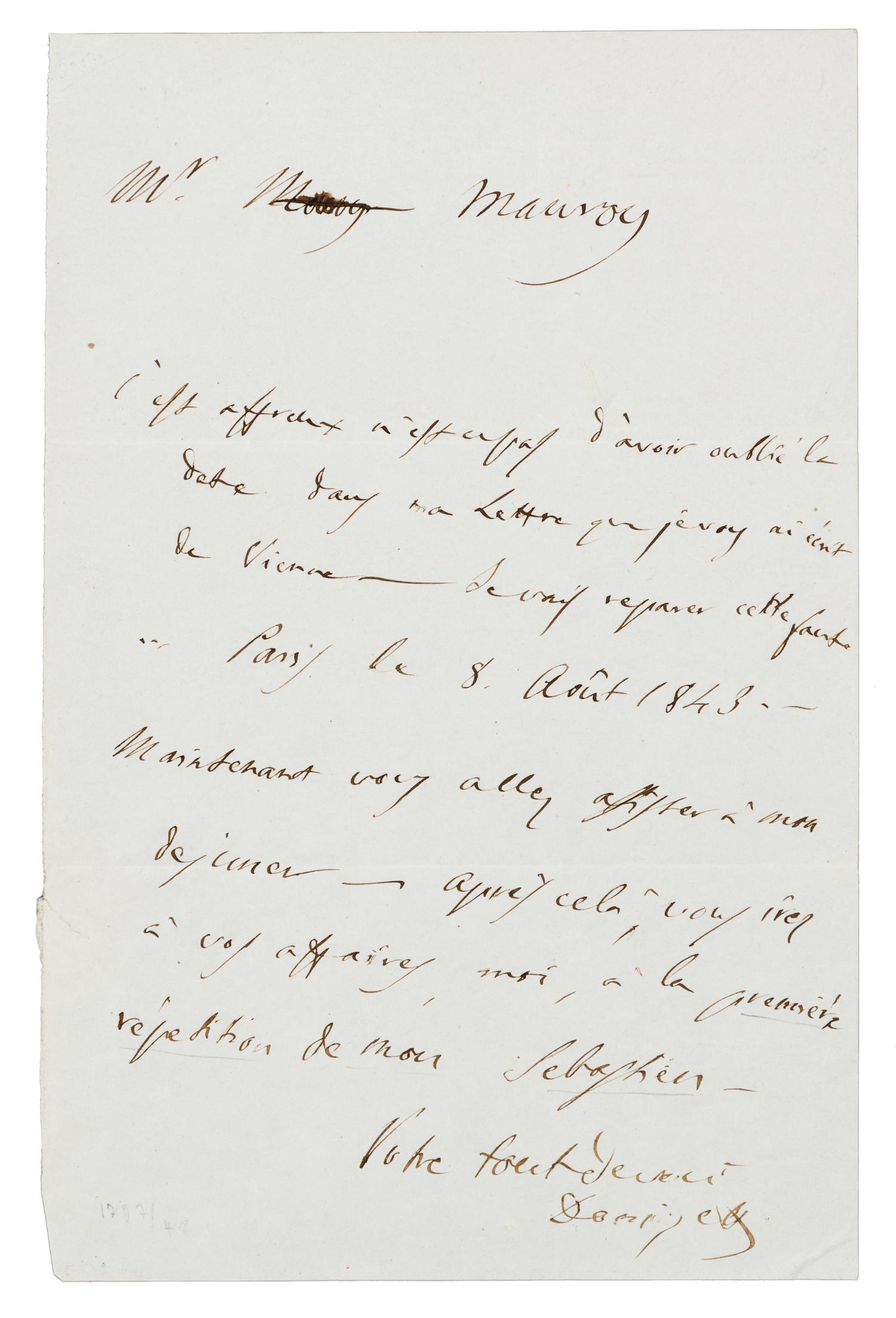 DONIZETTI, Gaetano (1797-1848). Autograph letter signed ("Donizetti'), in French, to M. Mauroy. Paris, 8 August 1843.