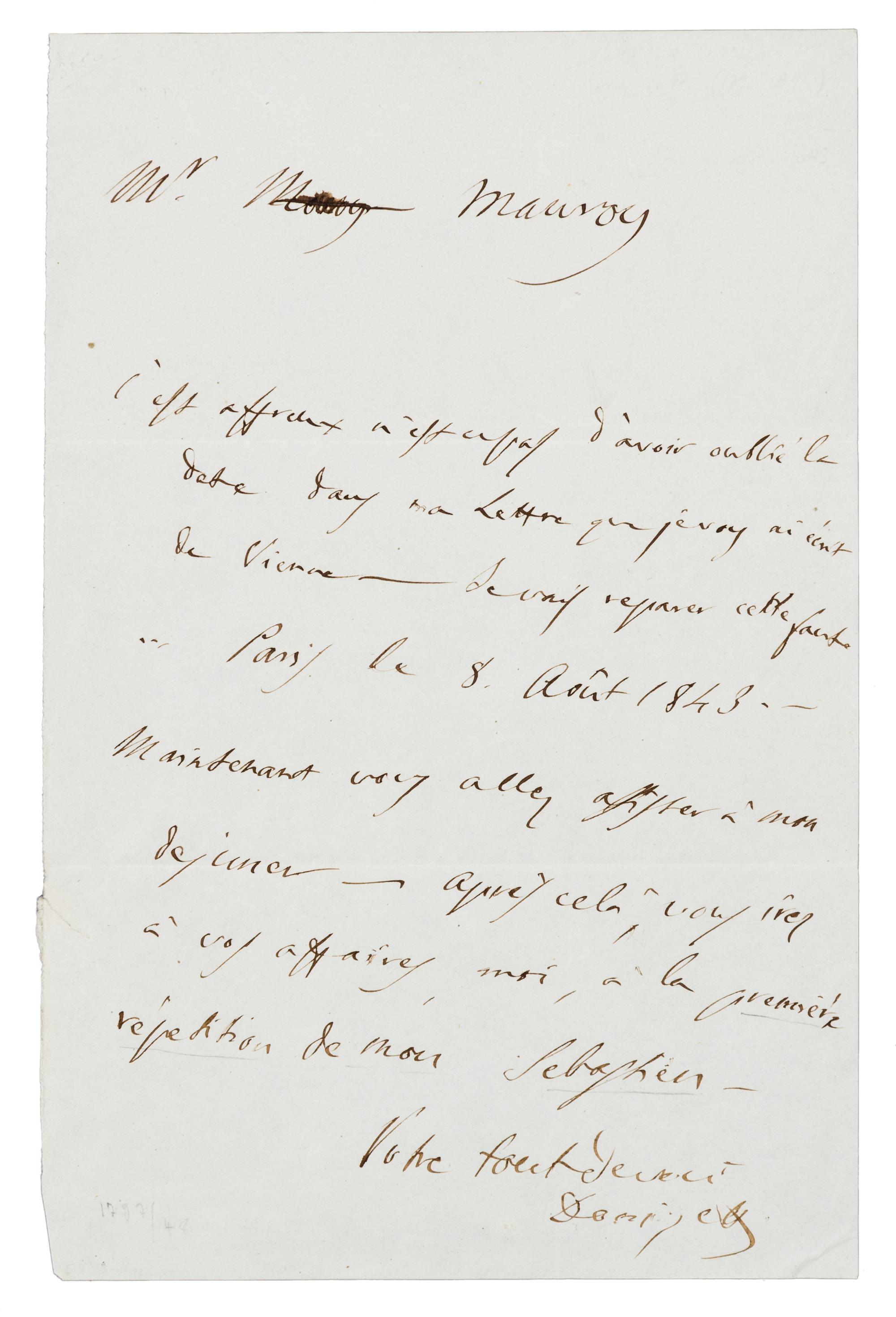 DONIZETTI, Gaetano (1797-1848). Autograph letter signed ("Donizetti'), in French, to M. Mauroy. Paris, 8 August 1843.