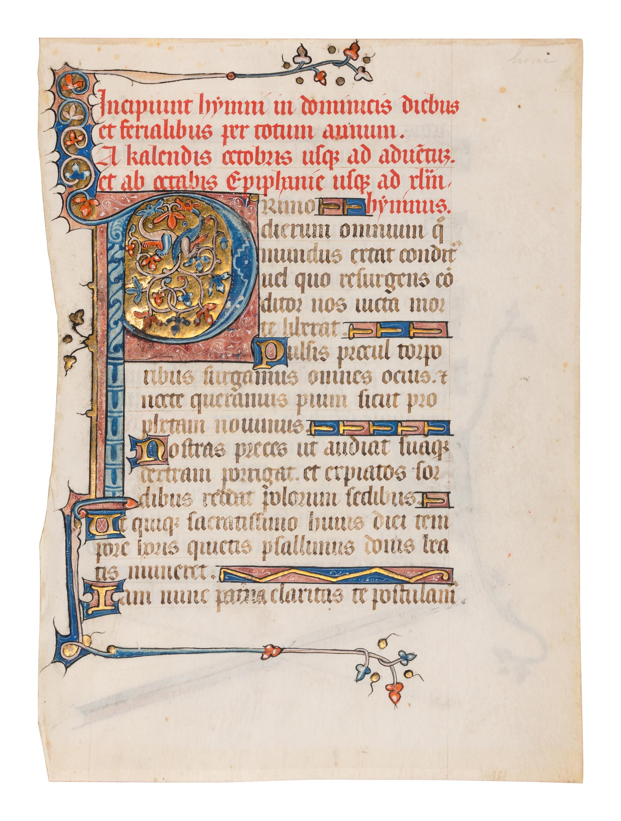 FOLLOWER OF MASTER HONORÉ (active Paris, c. 1285-1315) A leaf from a Psalter-Hymnal, with an inhabited initial ‘P’, in Latin, illuminated manuscript on parchment [France, Paris, c. 1315-1325]
