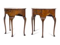A Pair of Georgian Style Burl Walnut Demilune Console Tables