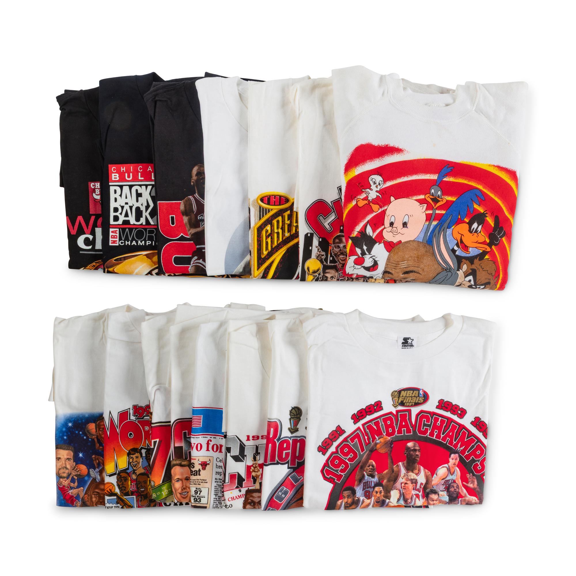 A Collection of Vintage 1990s Chicago Bulls Locker Room Shirts and Hats
