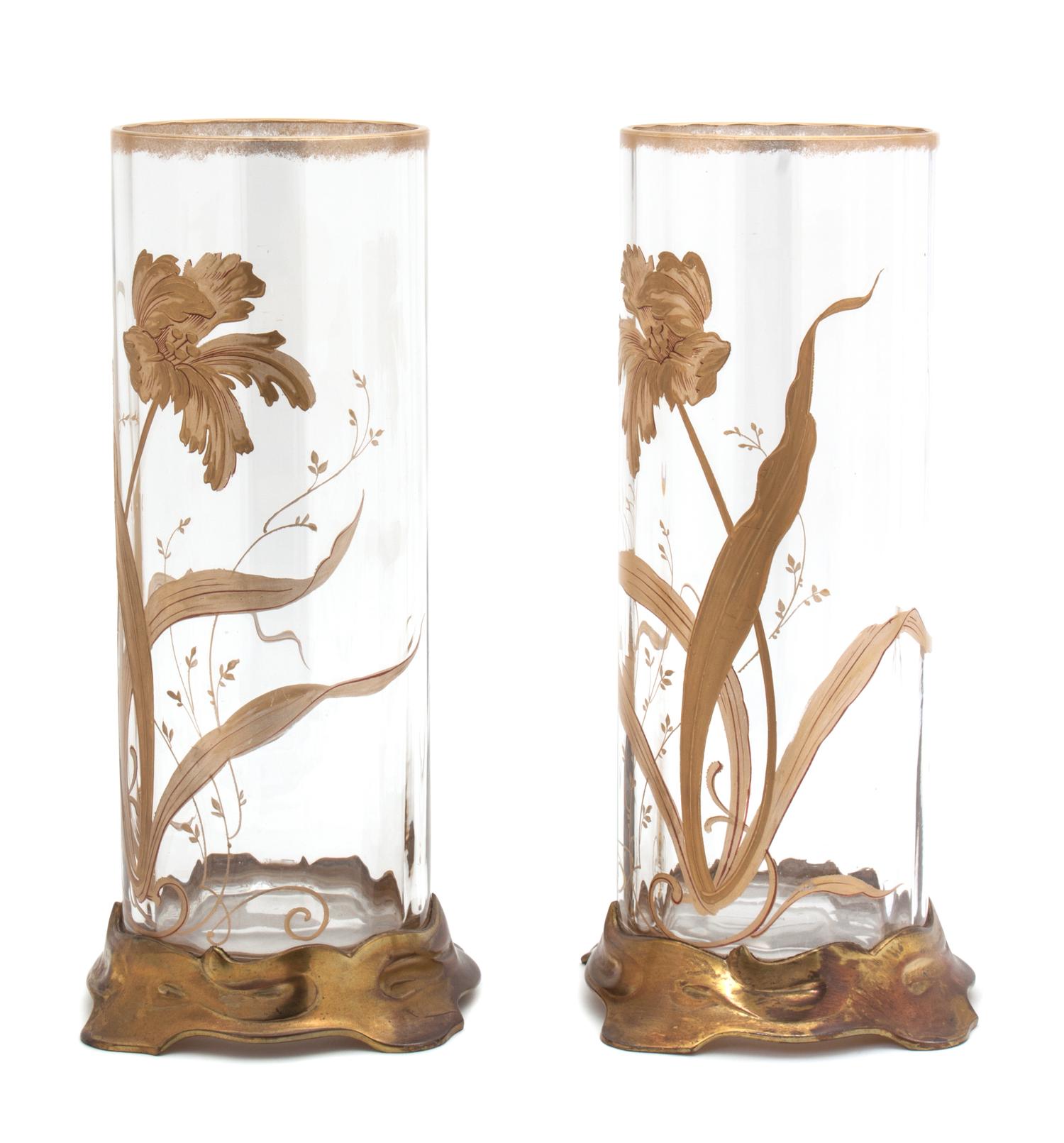 A Pair of Art Nouveau Enameled Vases Height 10 3/4 inches.