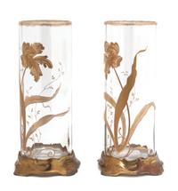 A Pair of Art Nouveau Enameled Vases Height 10 3/4 inches.